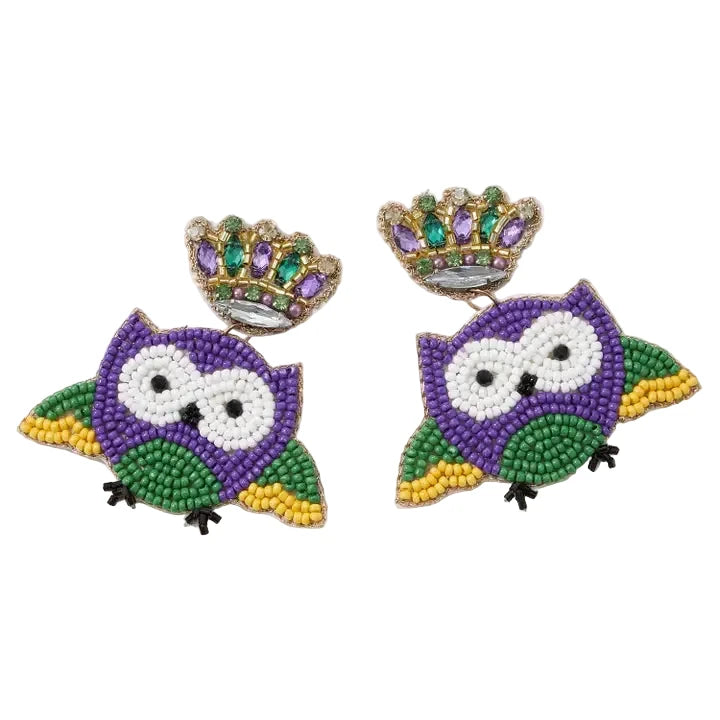 Mardi Gras Owl Beaded Earrings
