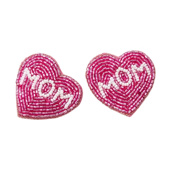 Pink Beaded Heart Mom Earrings