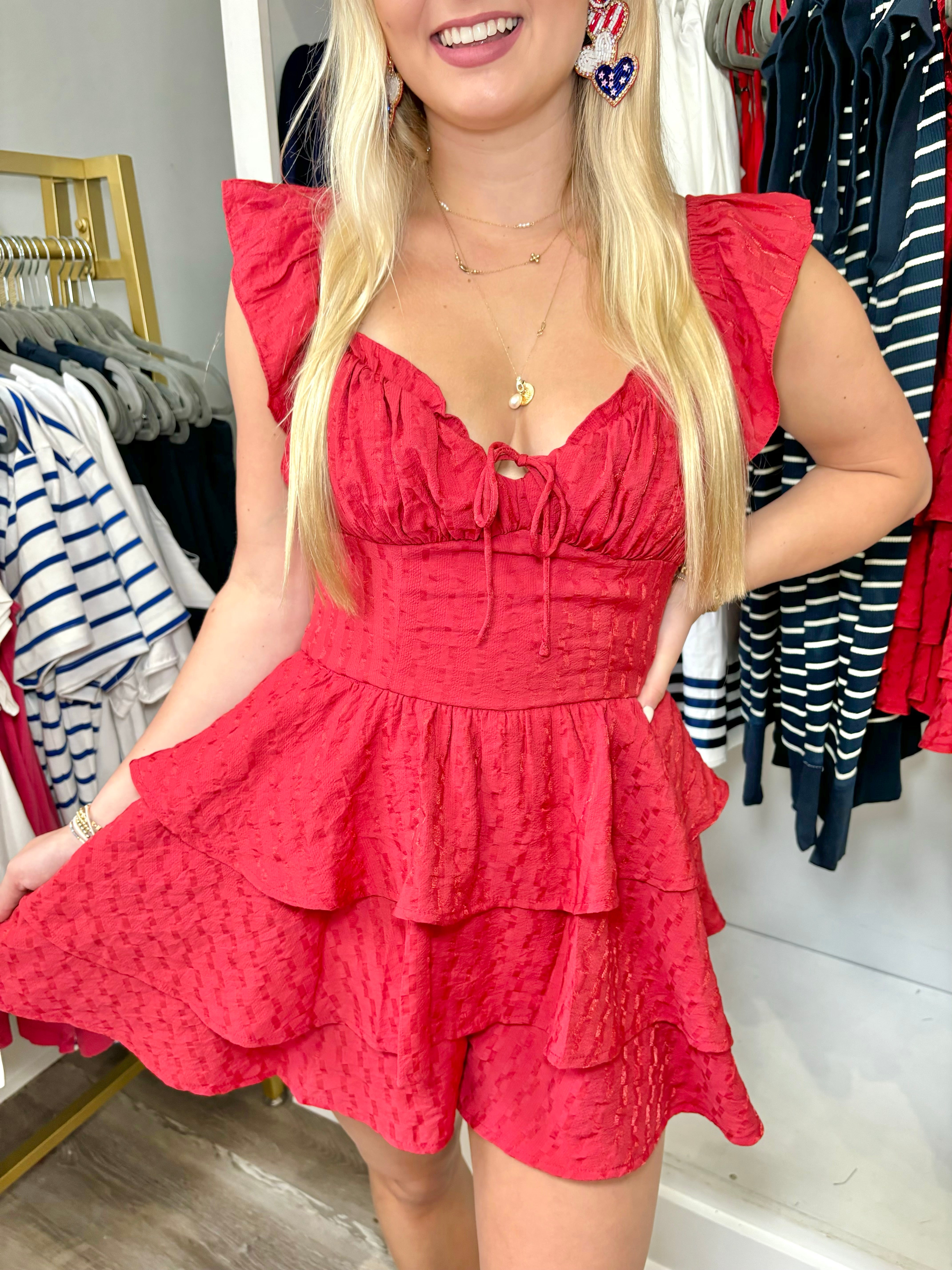 Red Textured Sweetheart Romper