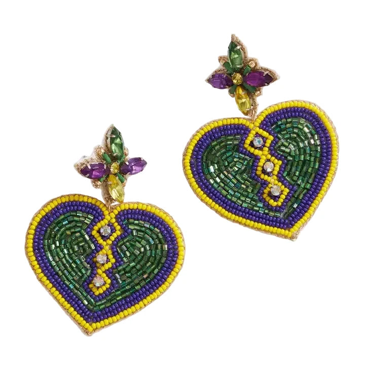 Mardi Gras Heart Beaded Earrings
