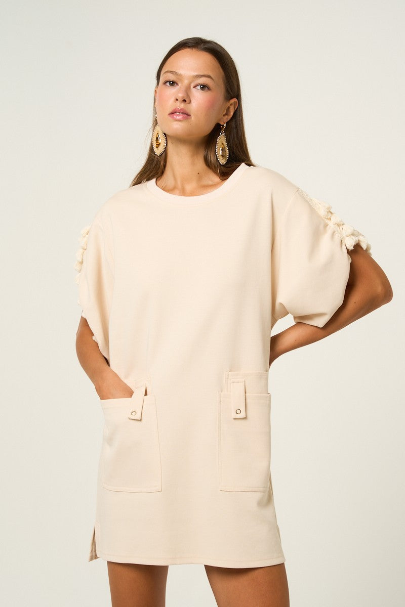 Beige Sleeve Tassel Knit Dress