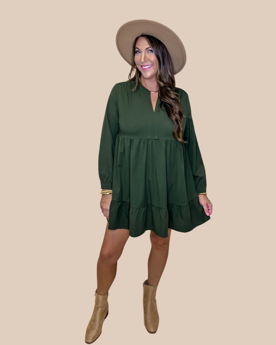 Olive Long Sleeve Tiered Dress