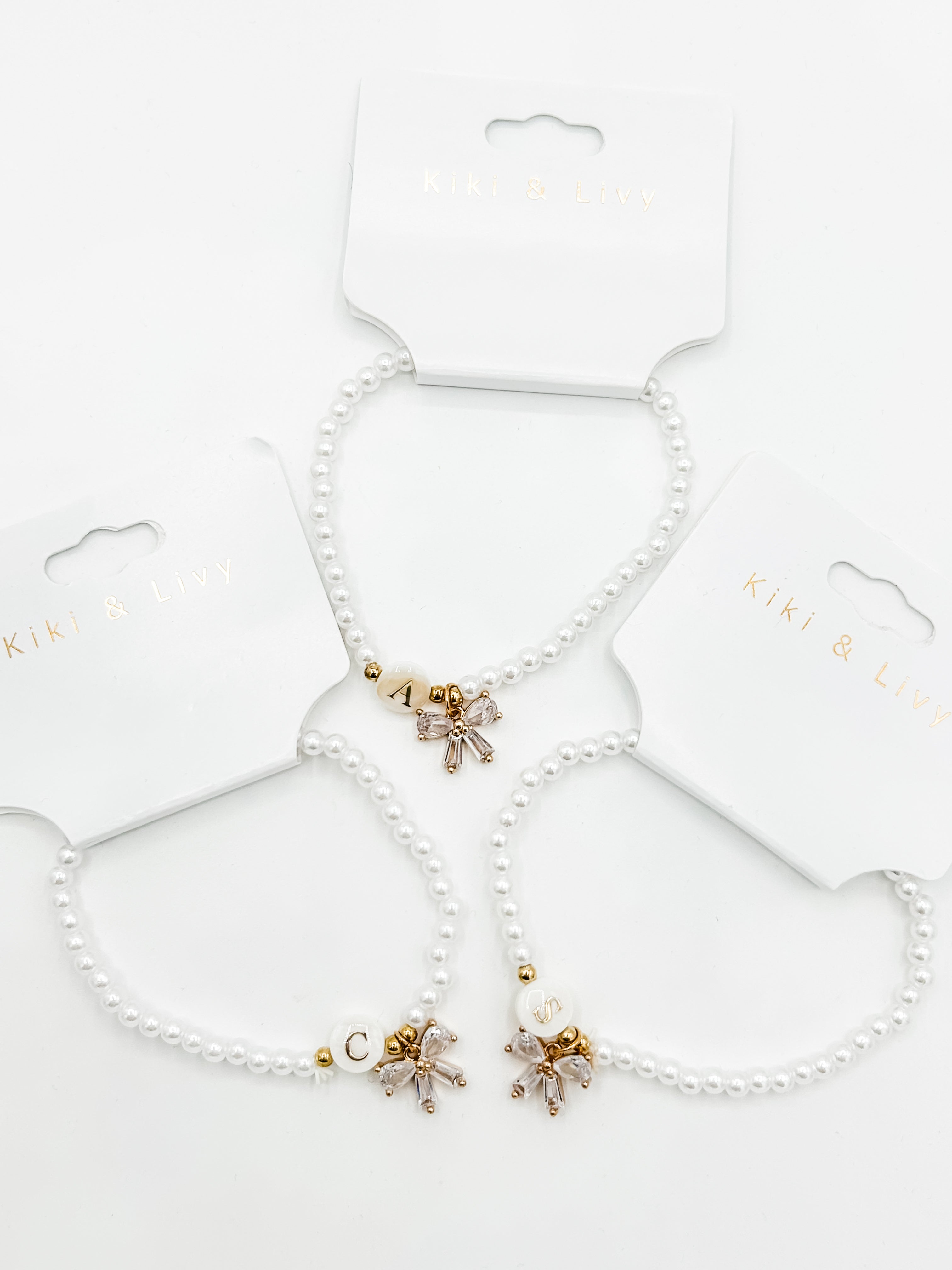 Pearl Beaded Letter Bow Stretch Bracelet