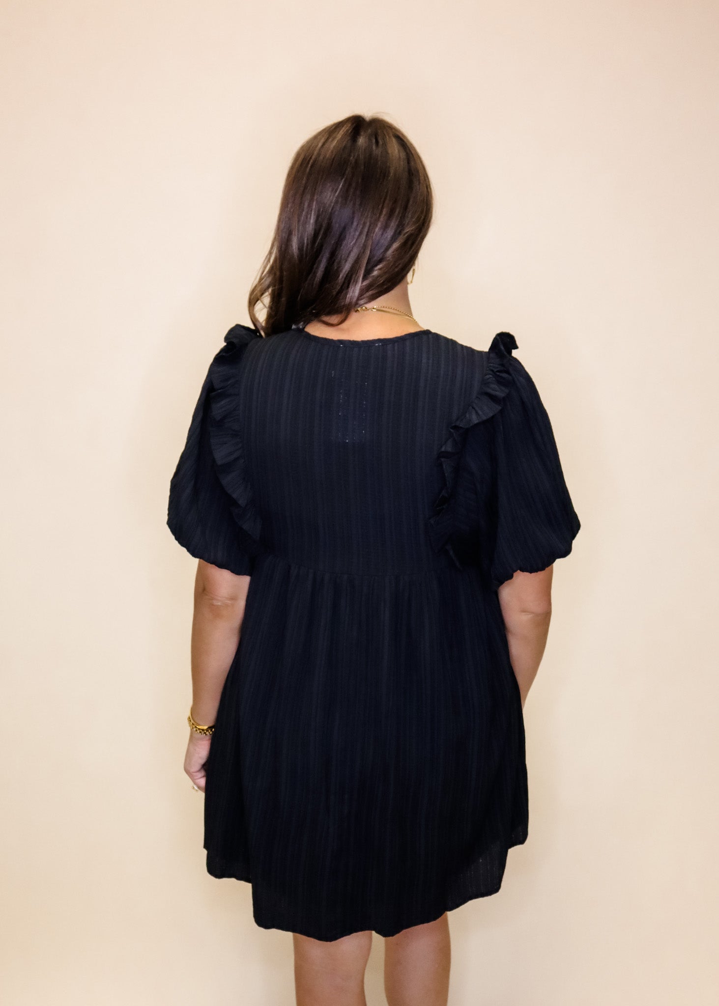 Black Textured V-Neck Ruffle Dress