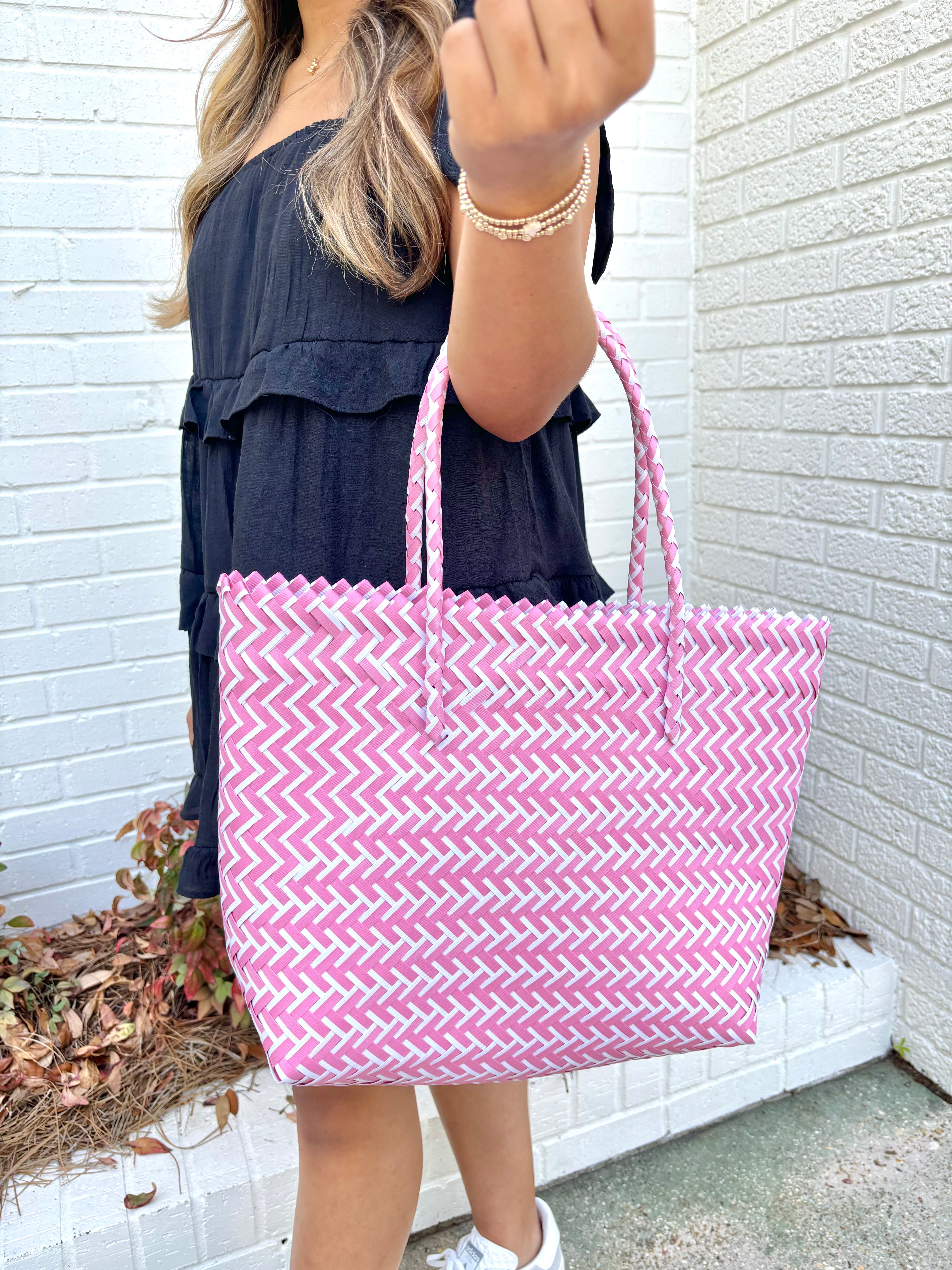 Pink Basket Weave Tote Bag