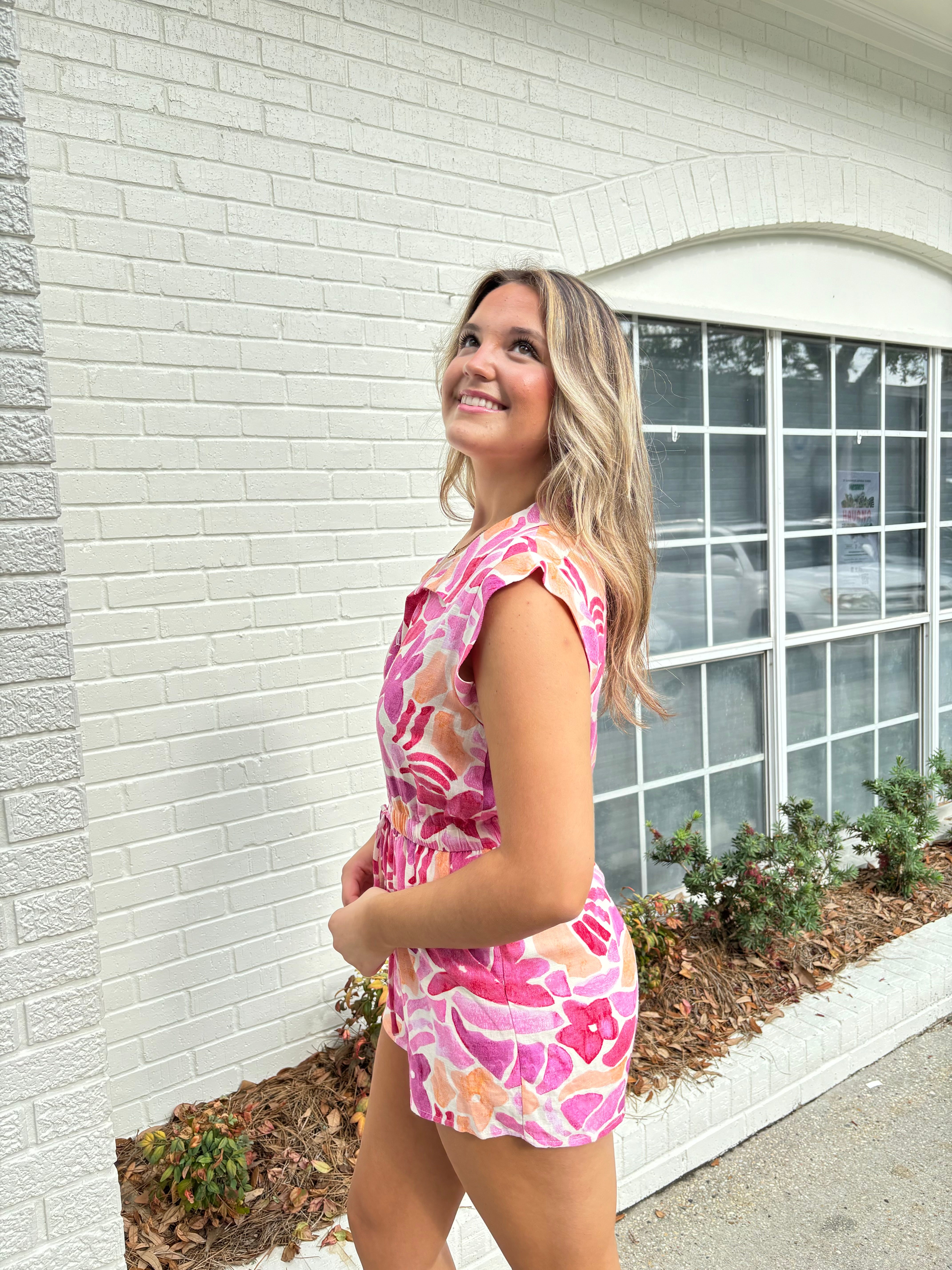 Pink Floral Button Down Romper