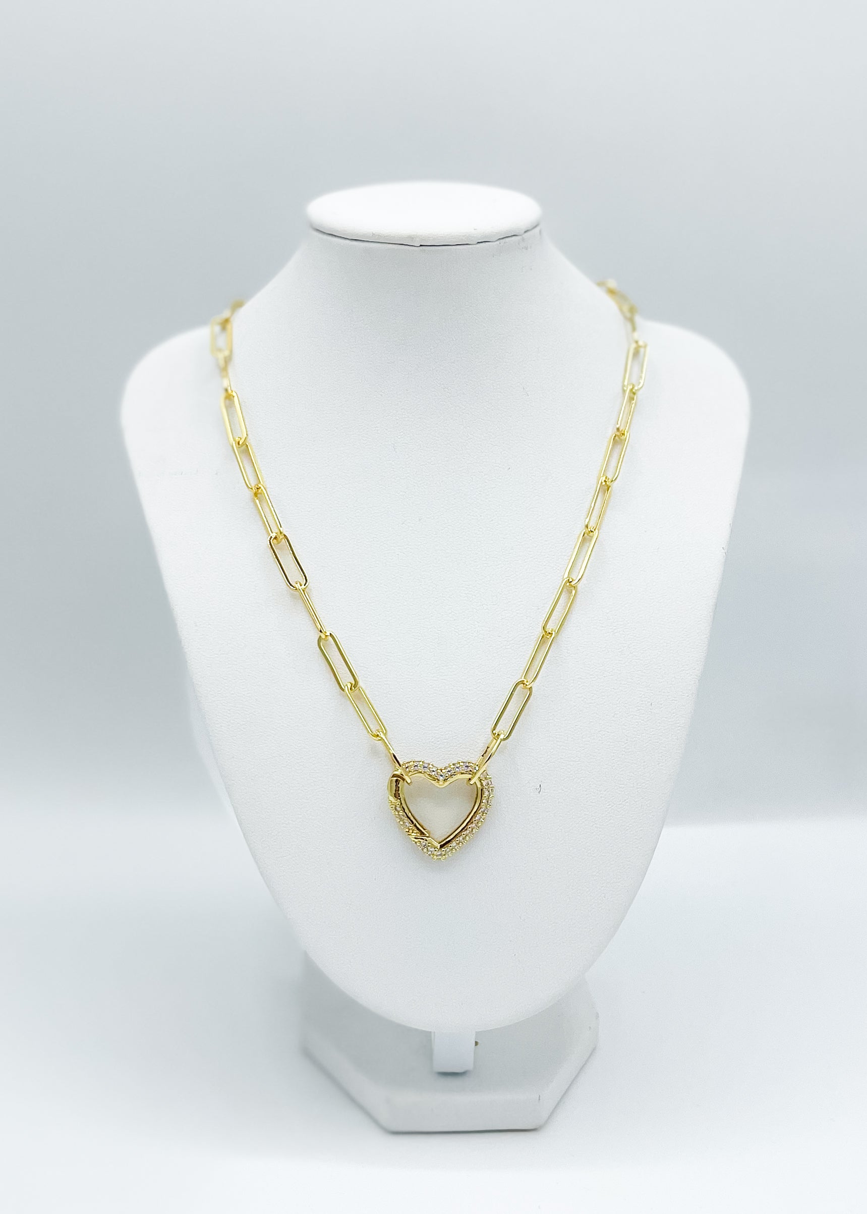 Gold Paperclip Rhinestone Heart Necklace