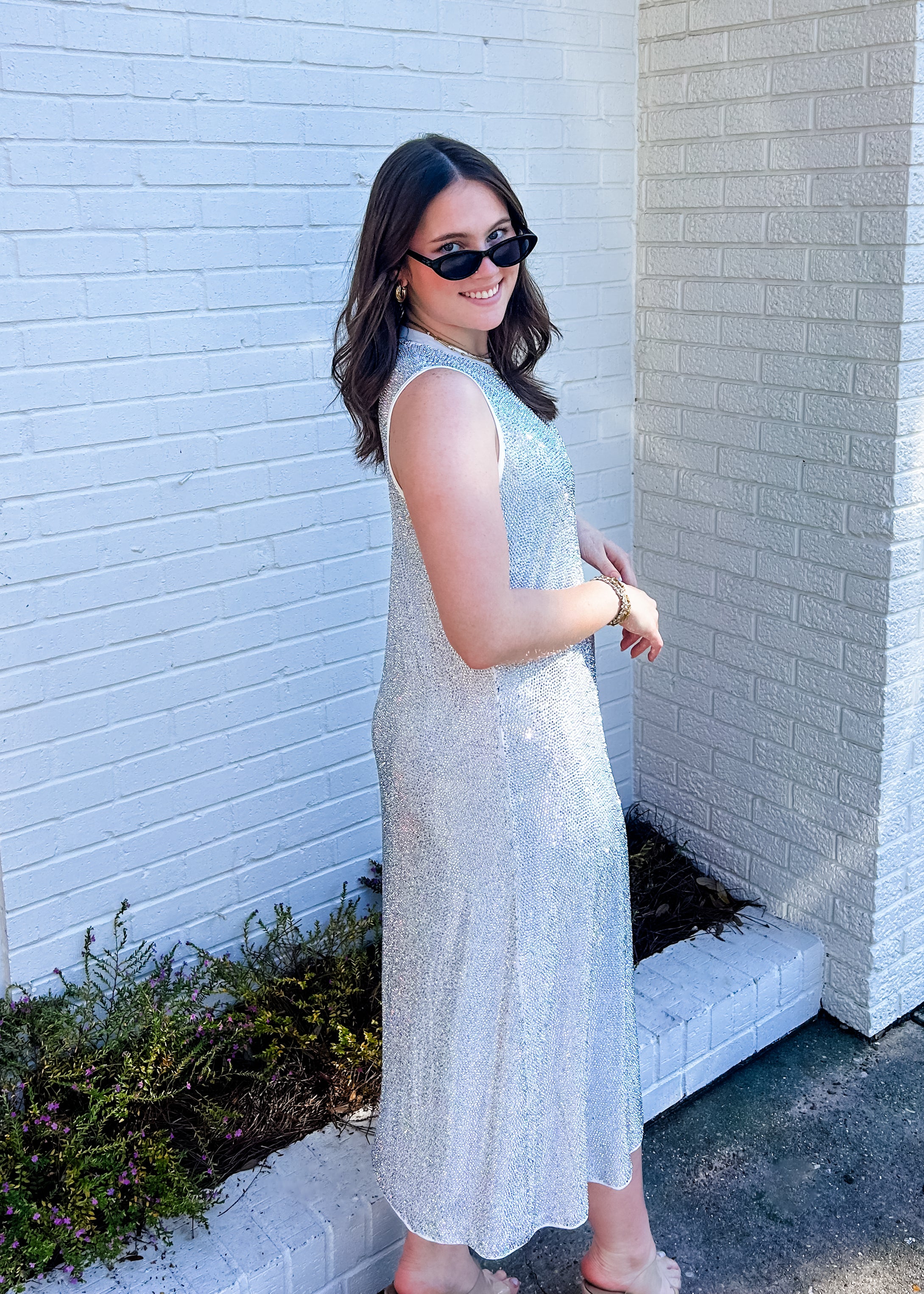 White Full Rhinestone Midi Active Dress