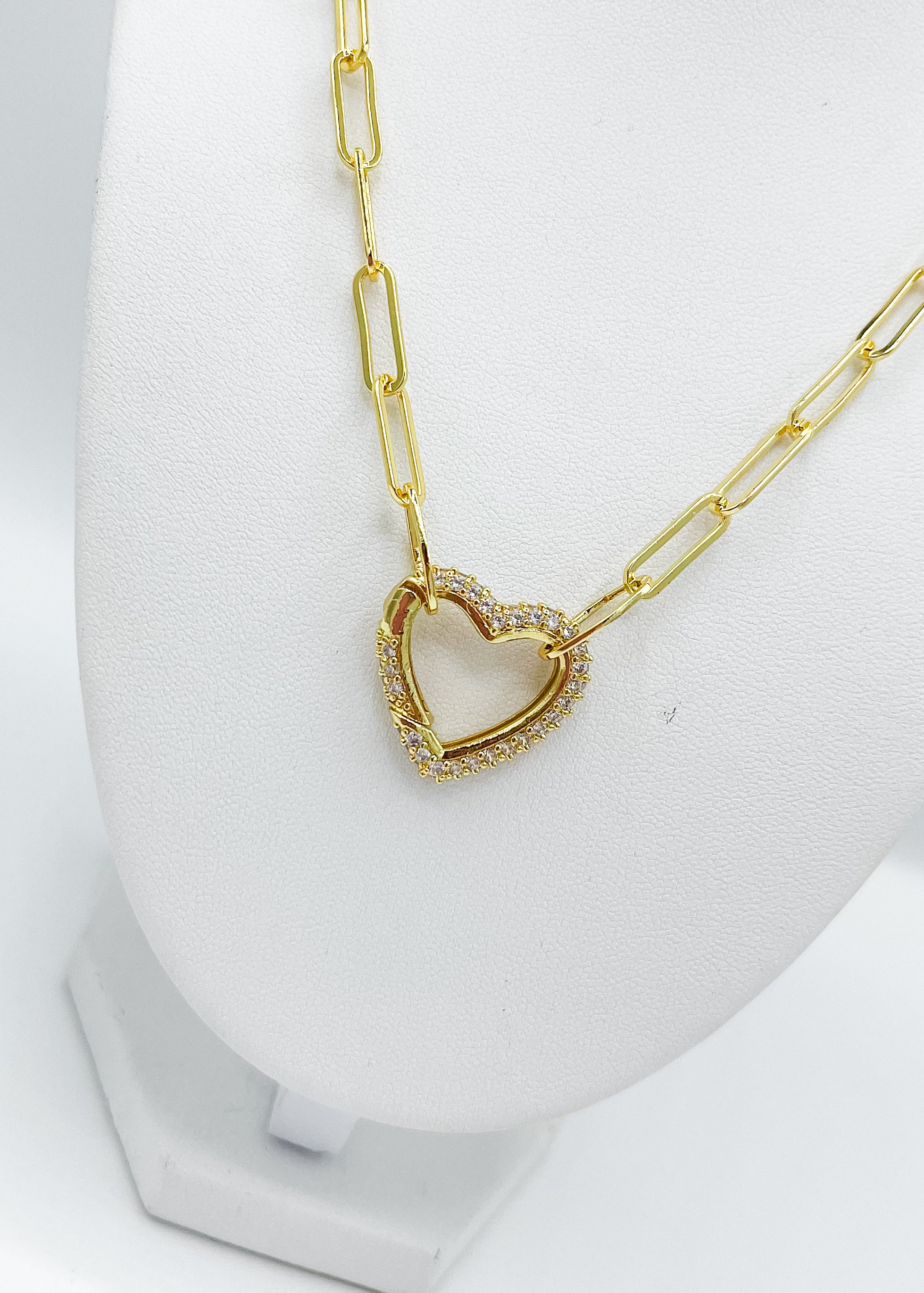 Gold Paperclip Rhinestone Heart Necklace