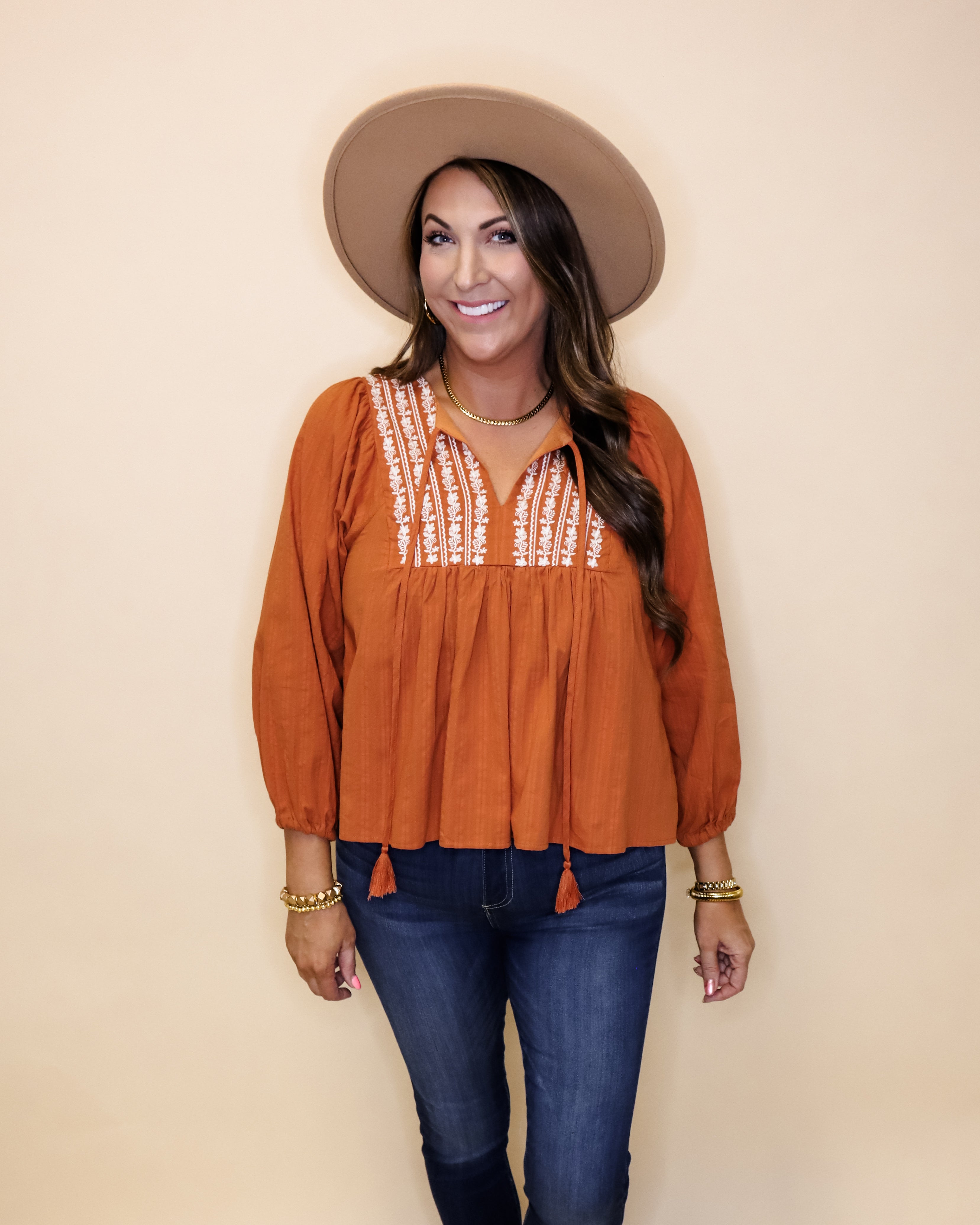 Rust Embroidered Tie Top