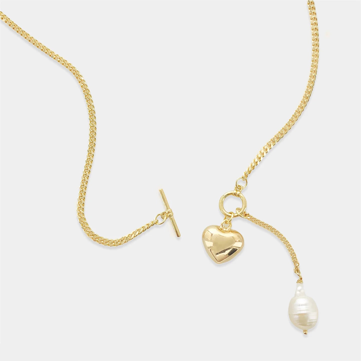 Gold Curb Chain with Heart and Pearl Necklace