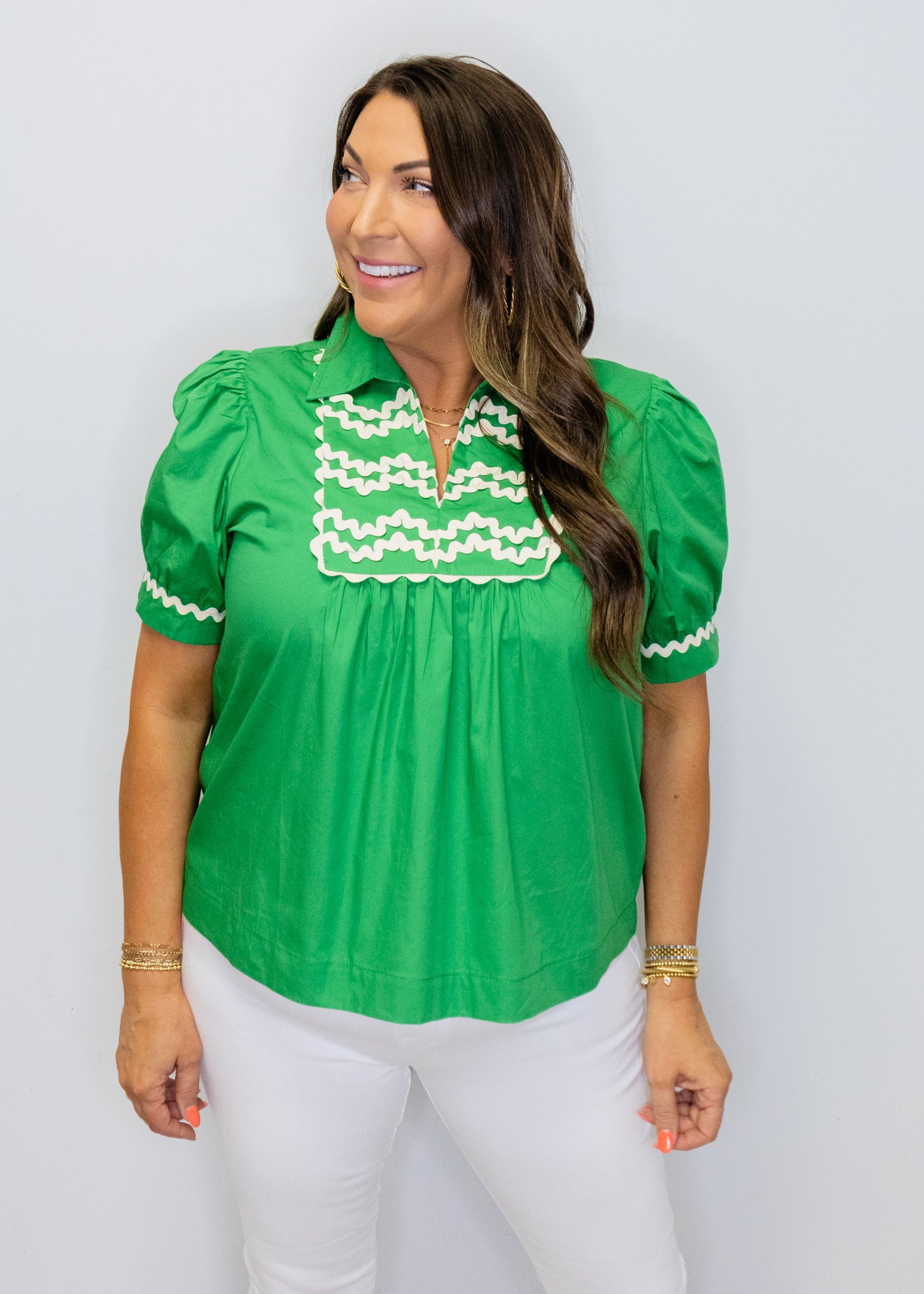 Kelly Green Ric-Rac Trim Accent Solid Top