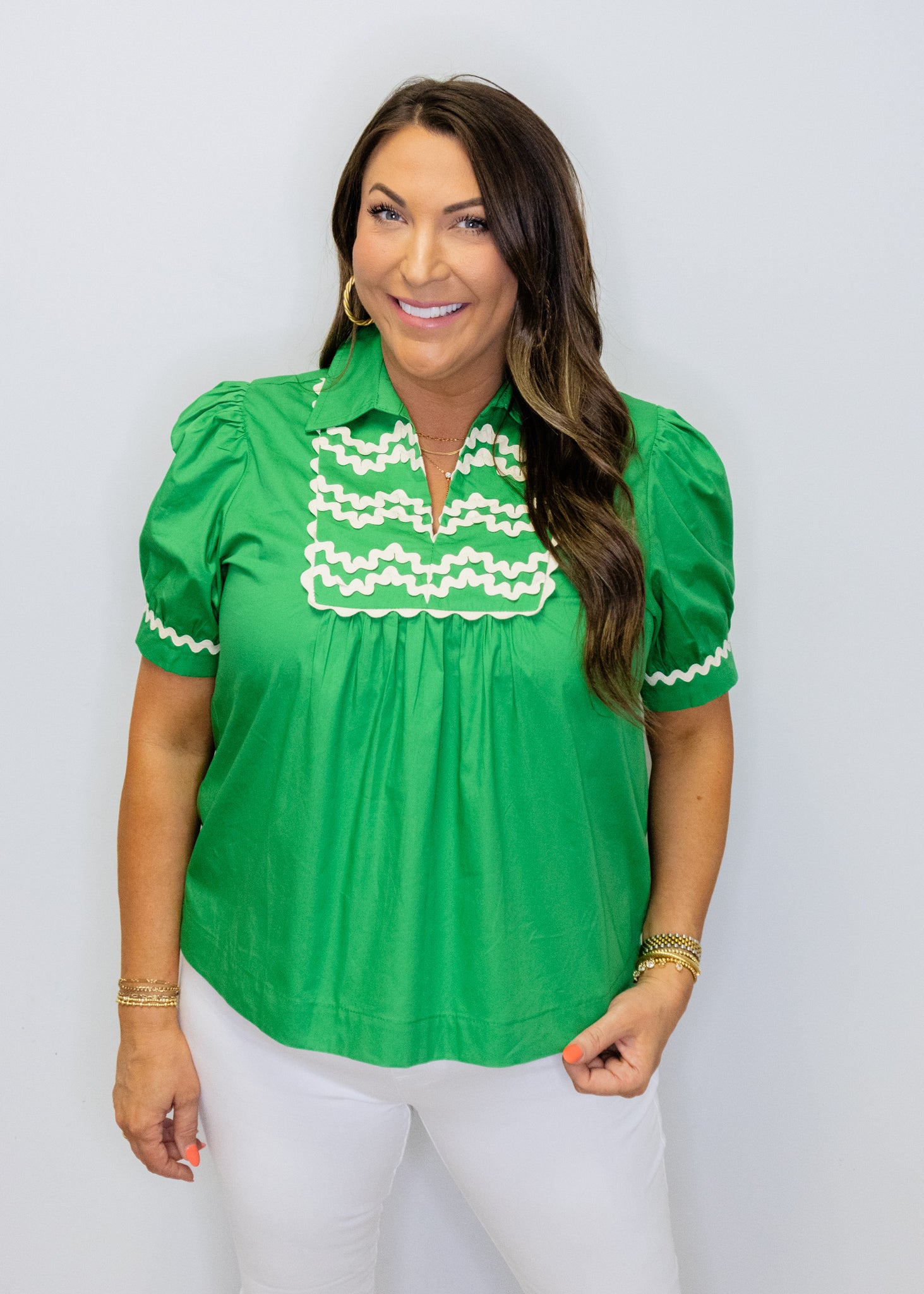 Kelly Green Ric-Rac Trim Accent Solid Top