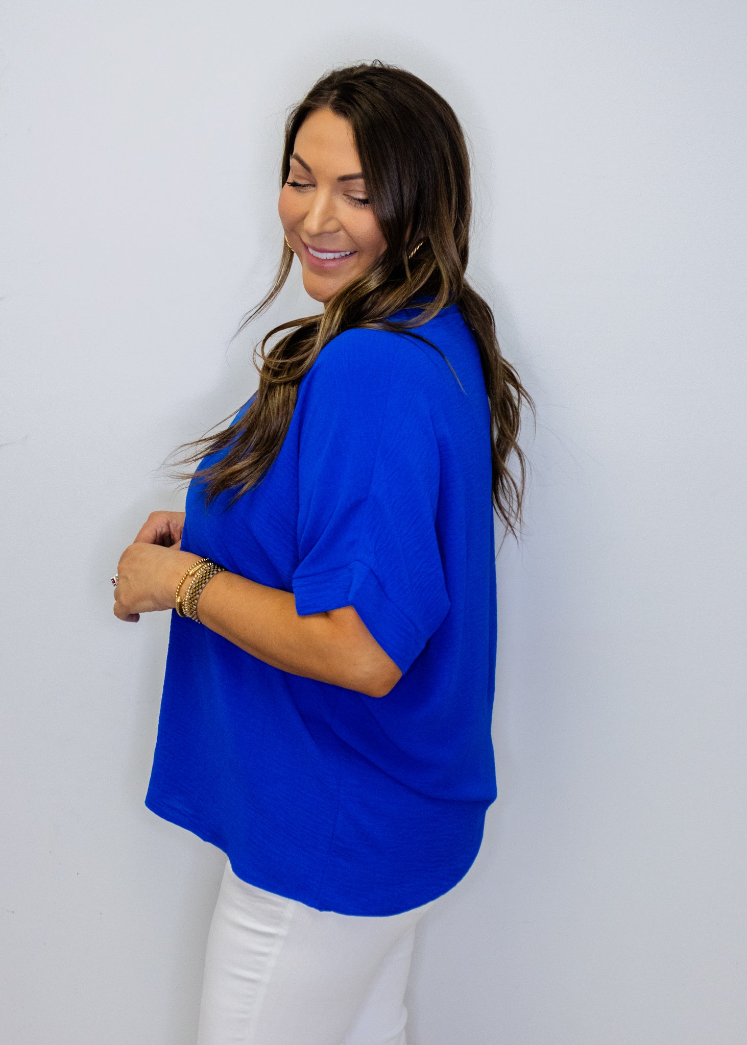 Royal Blue Solid V-Neck Top