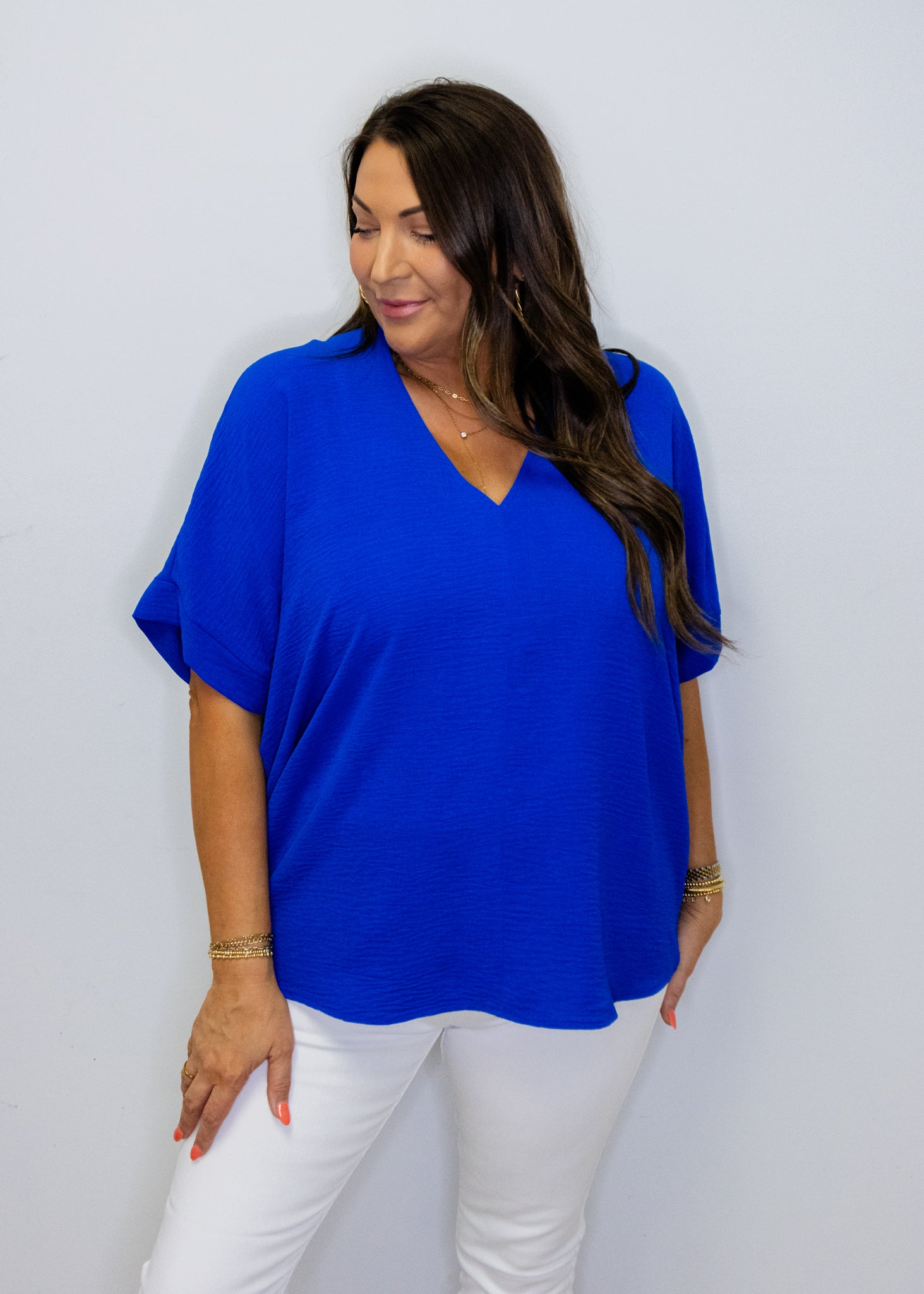 Royal Blue Solid V-Neck Top