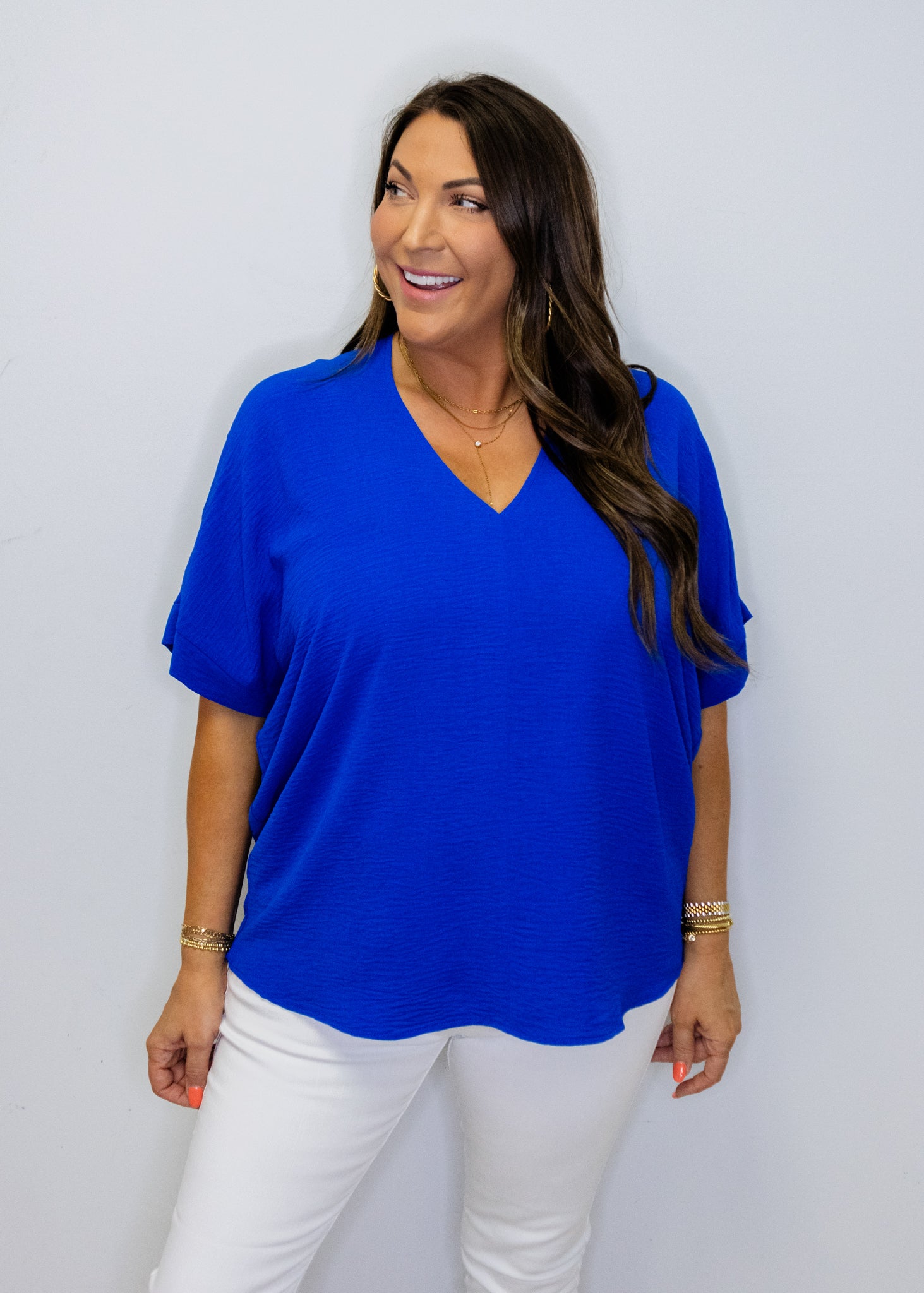 Royal Blue Solid V-Neck Top
