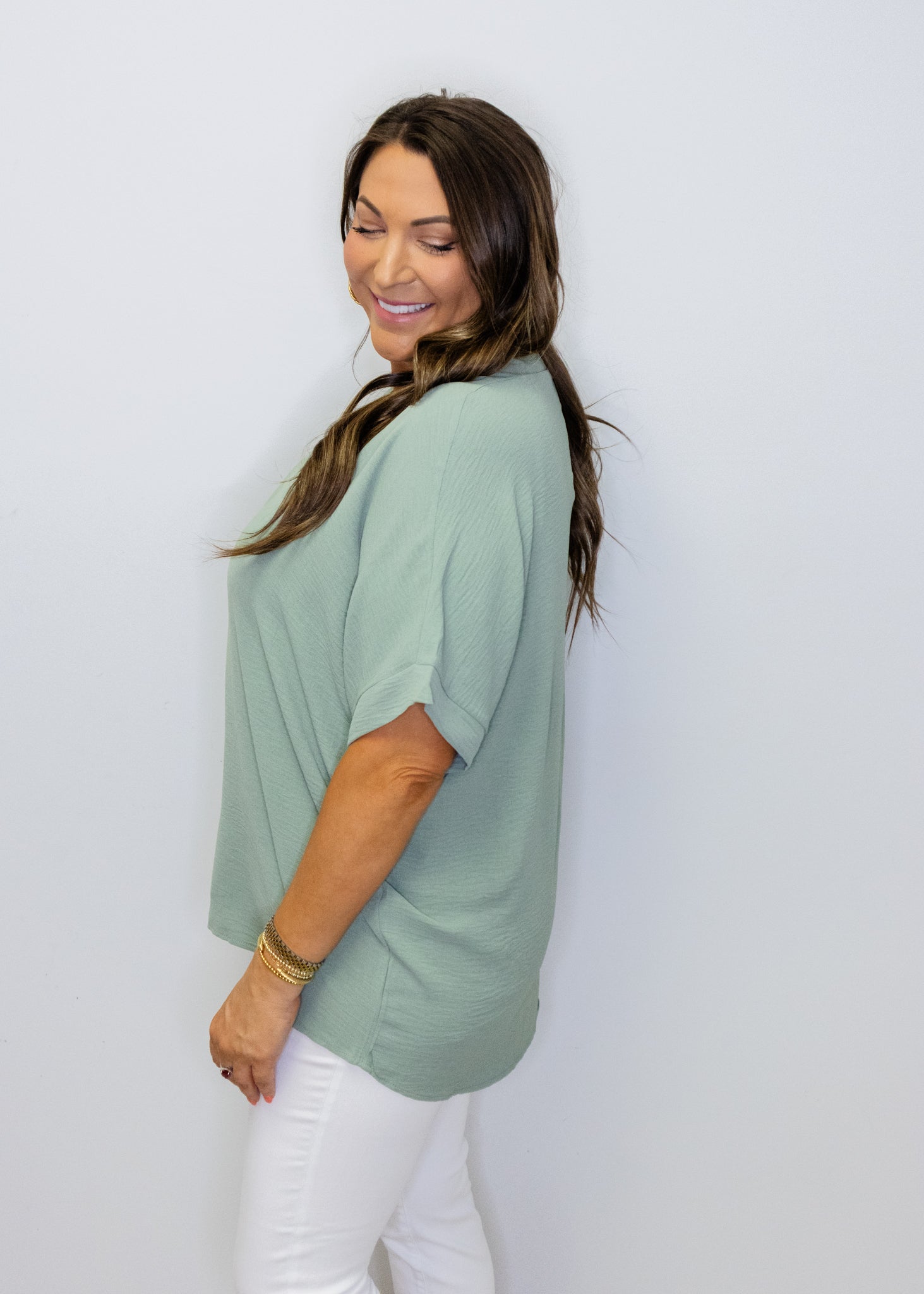 Sage Solid V-Neck Top