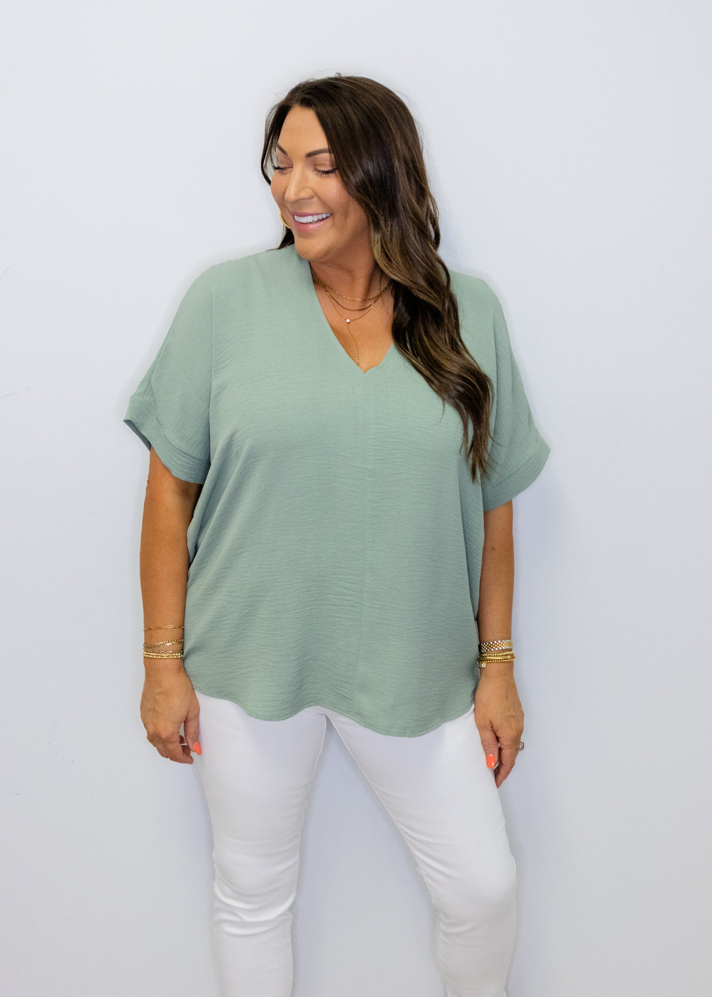 Sage Solid V-Neck Top