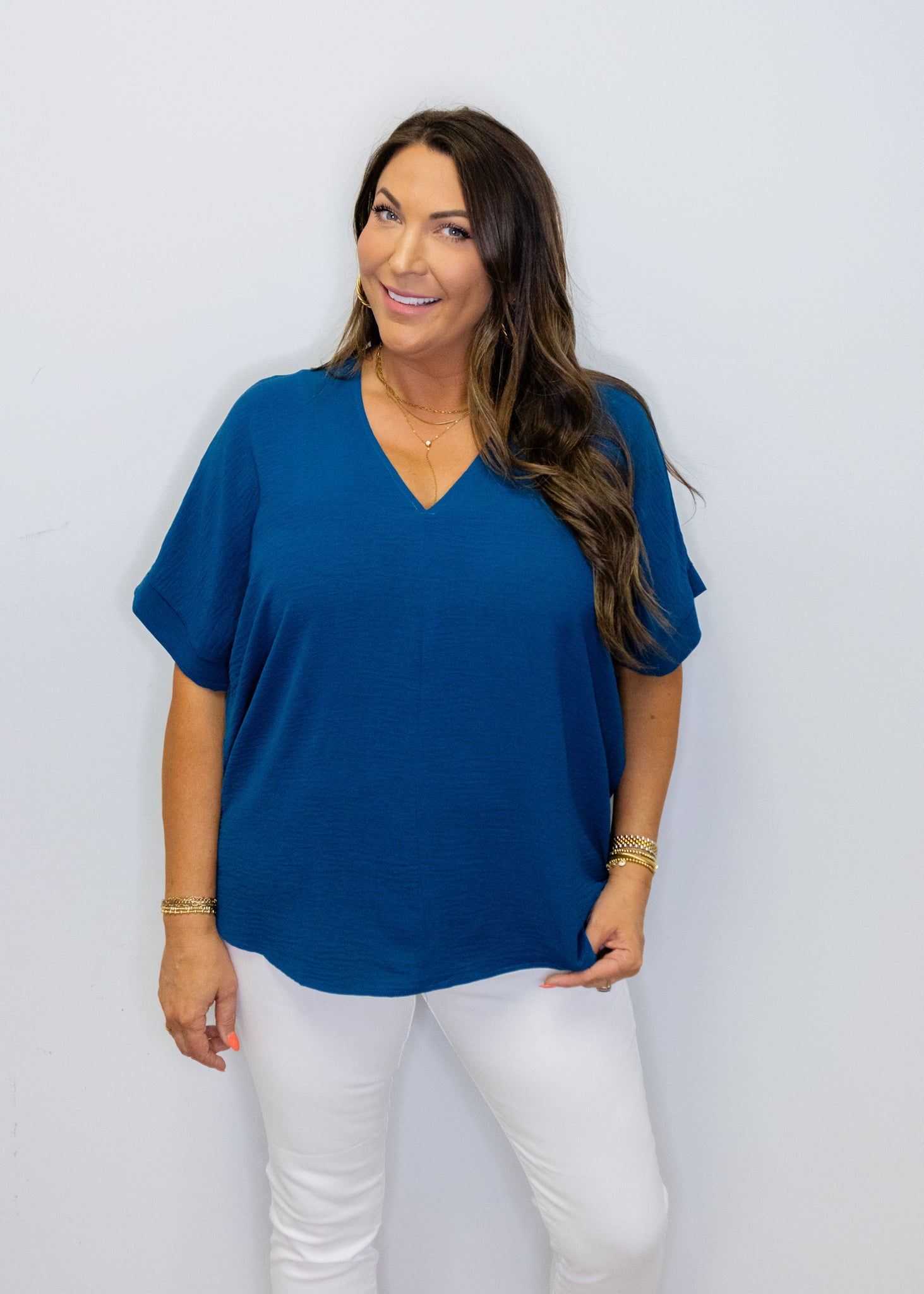 Teal Solid V-Neck Top