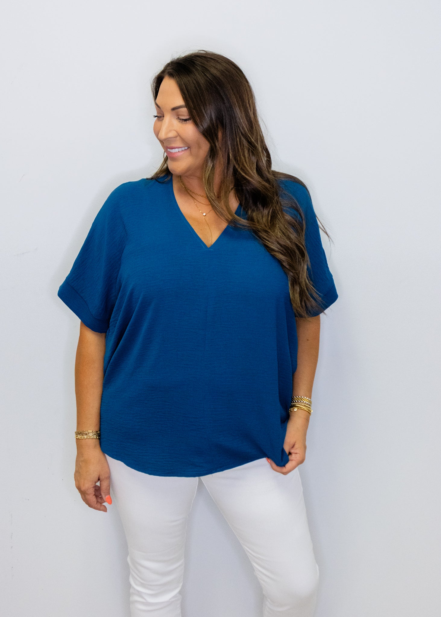 Teal Solid V-Neck Top