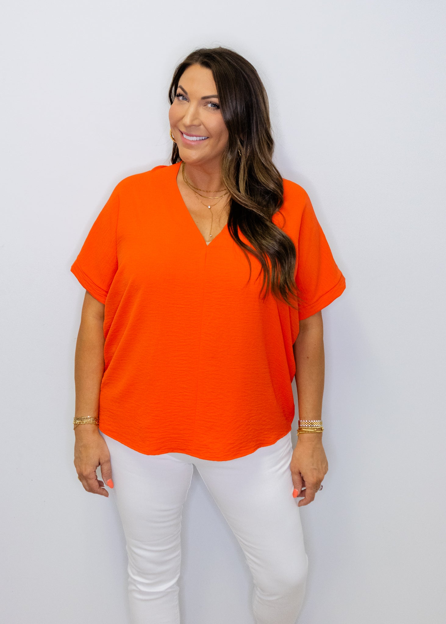 Tangerine Solid V-Neck Top