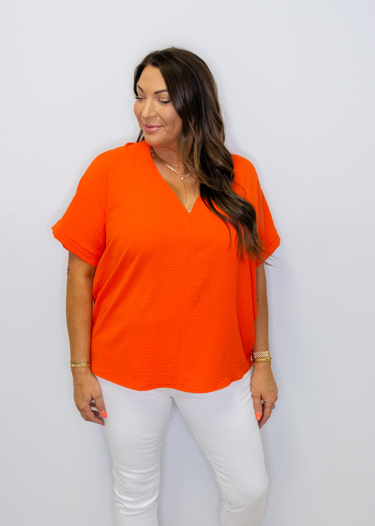 Tangerine Solid V-Neck Top