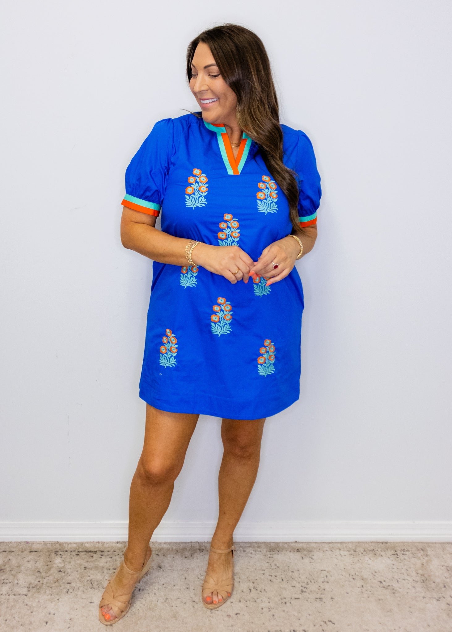 Blue Floral Embroidered Shift Dress