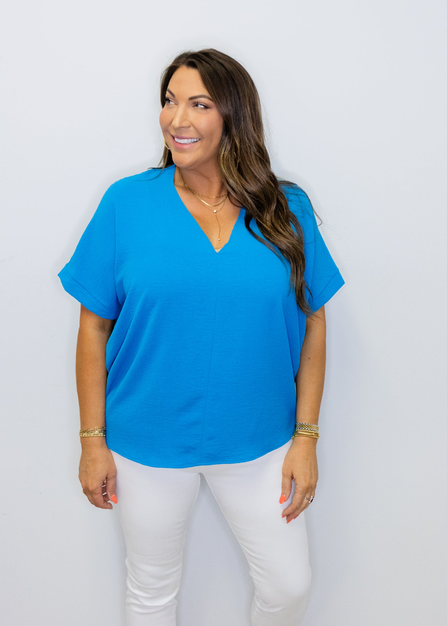 Ultra Turquoise Solid V-Neck Top
