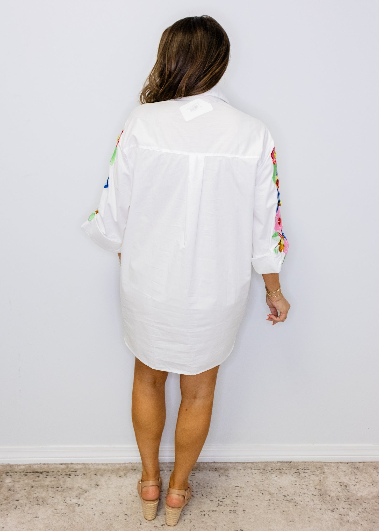 White Multi Flower Button Up Collar Cotton Dress