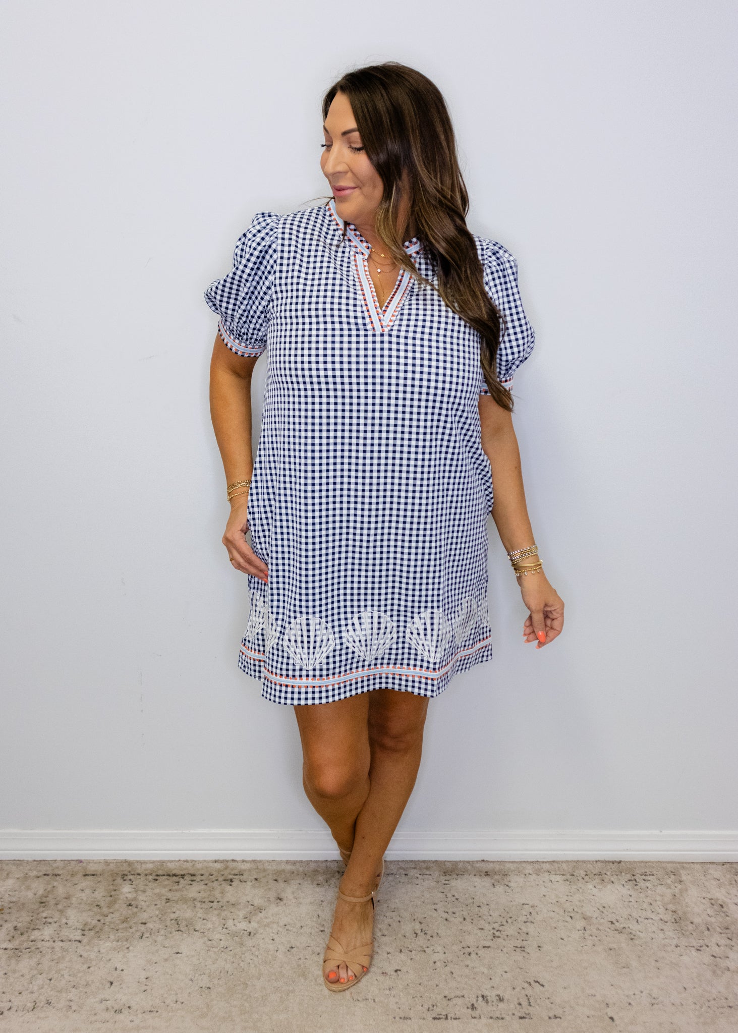 Navy Embroidery Accent Gingham Check Shift Dress