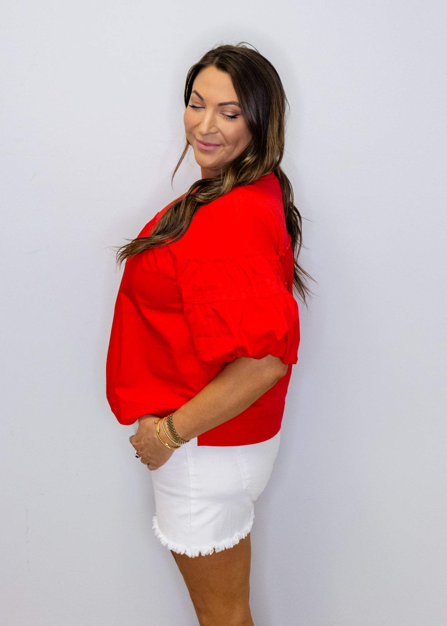 Red Pleat Detail Puff Sleeves Top