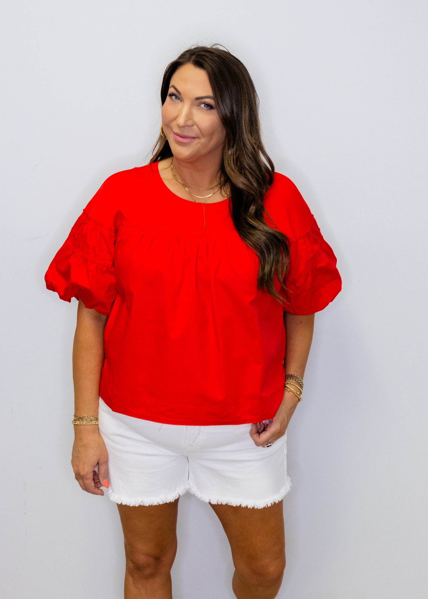 Red Pleat Detail Puff Sleeves Top