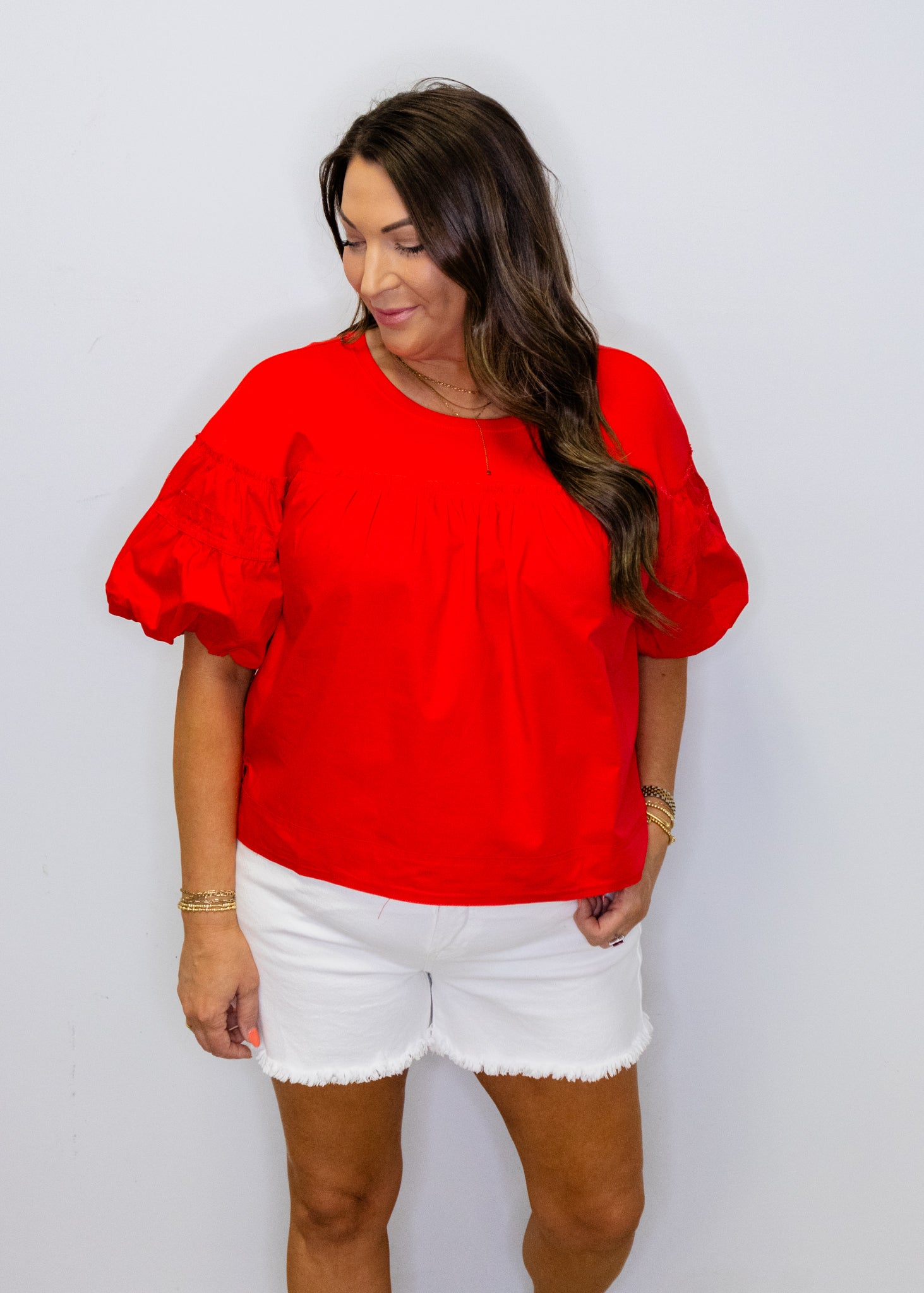 Red Pleat Detail Puff Sleeves Top