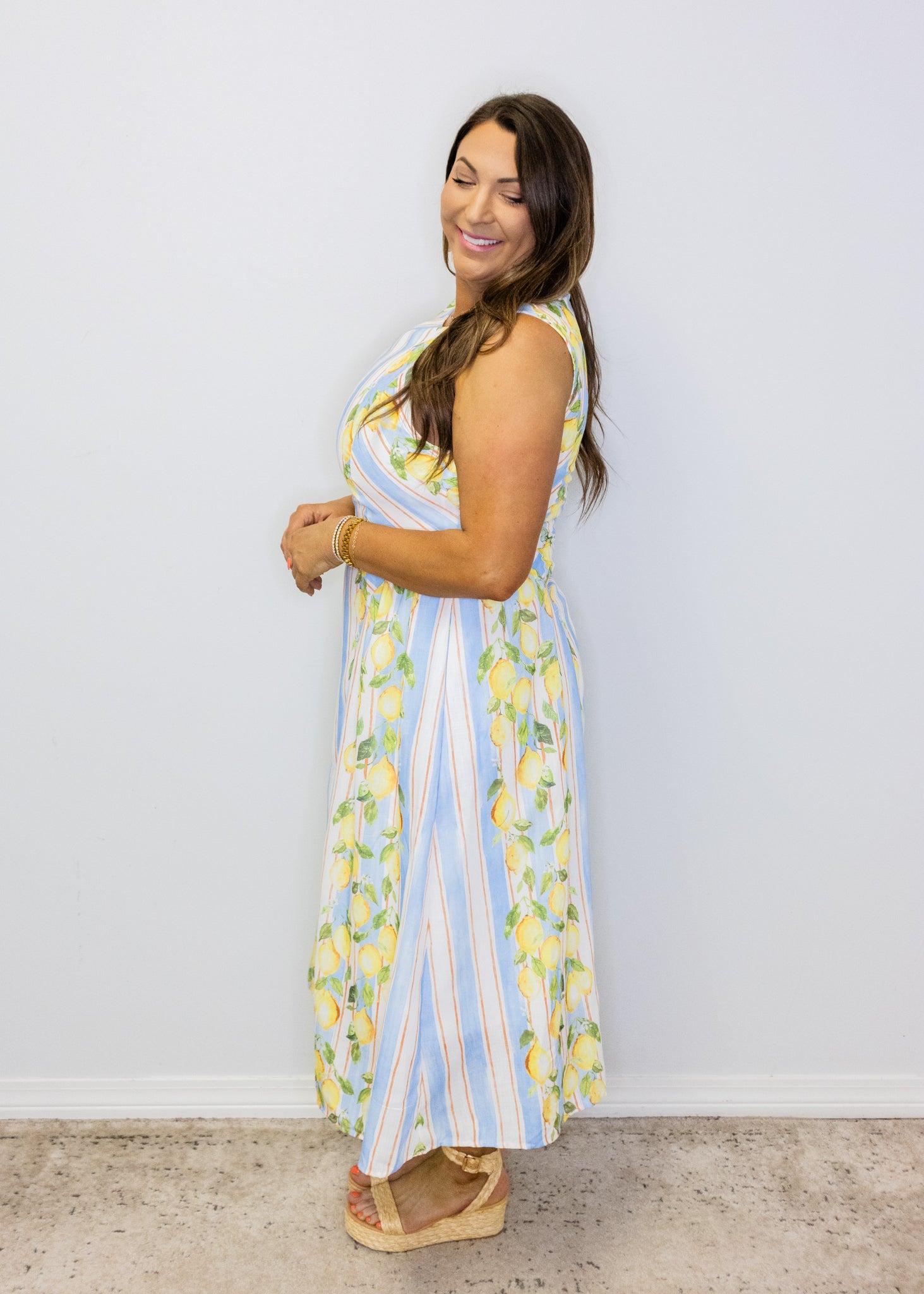 Lemon Print Striped Maxi Dress