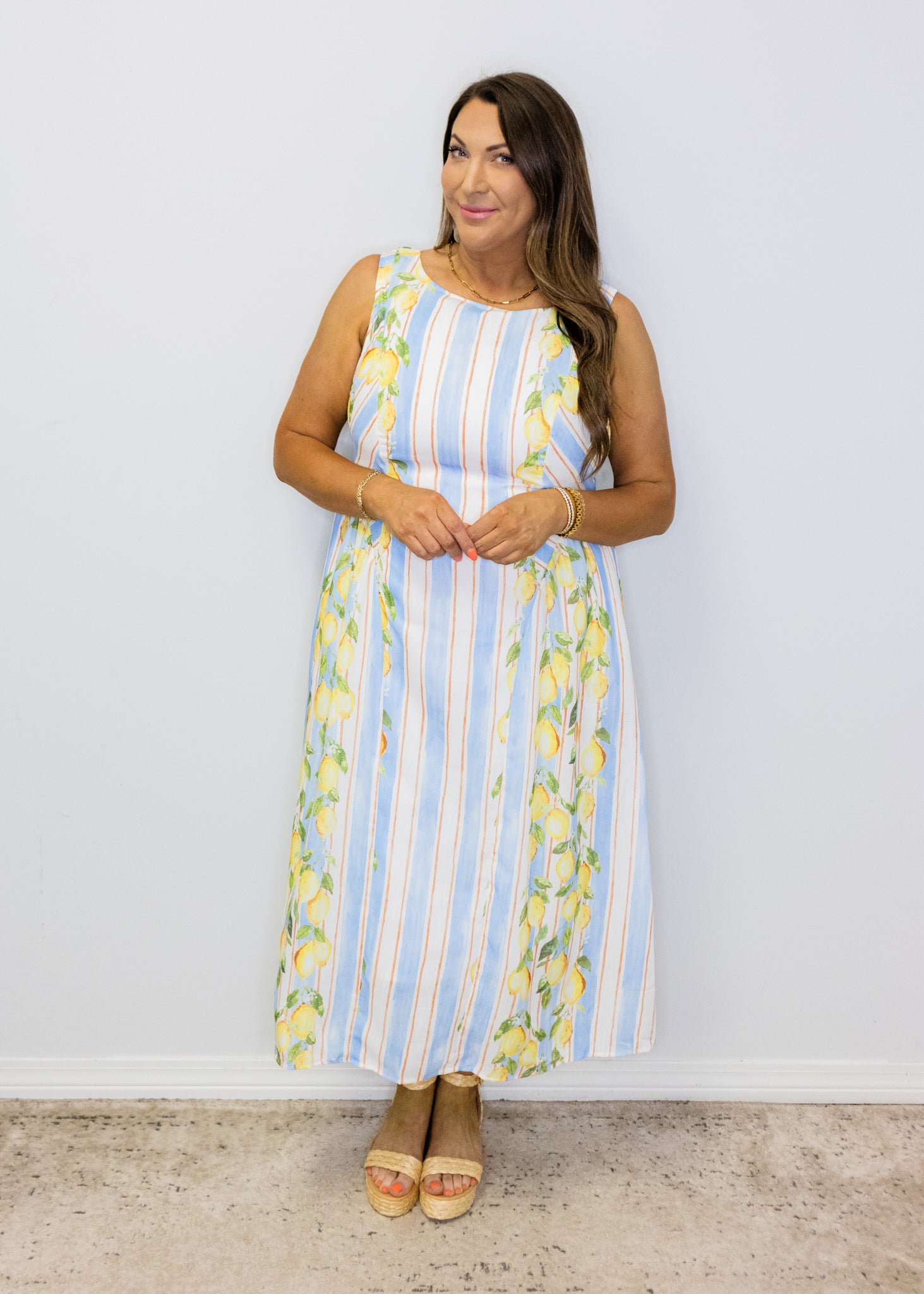 Lemon Print Striped Maxi Dress