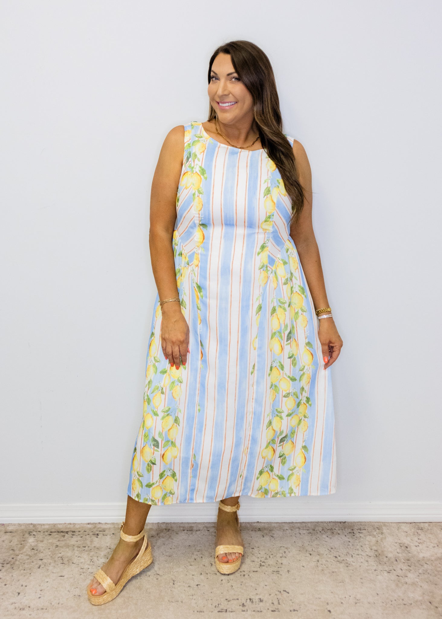 Lemon Print Striped Maxi Dress