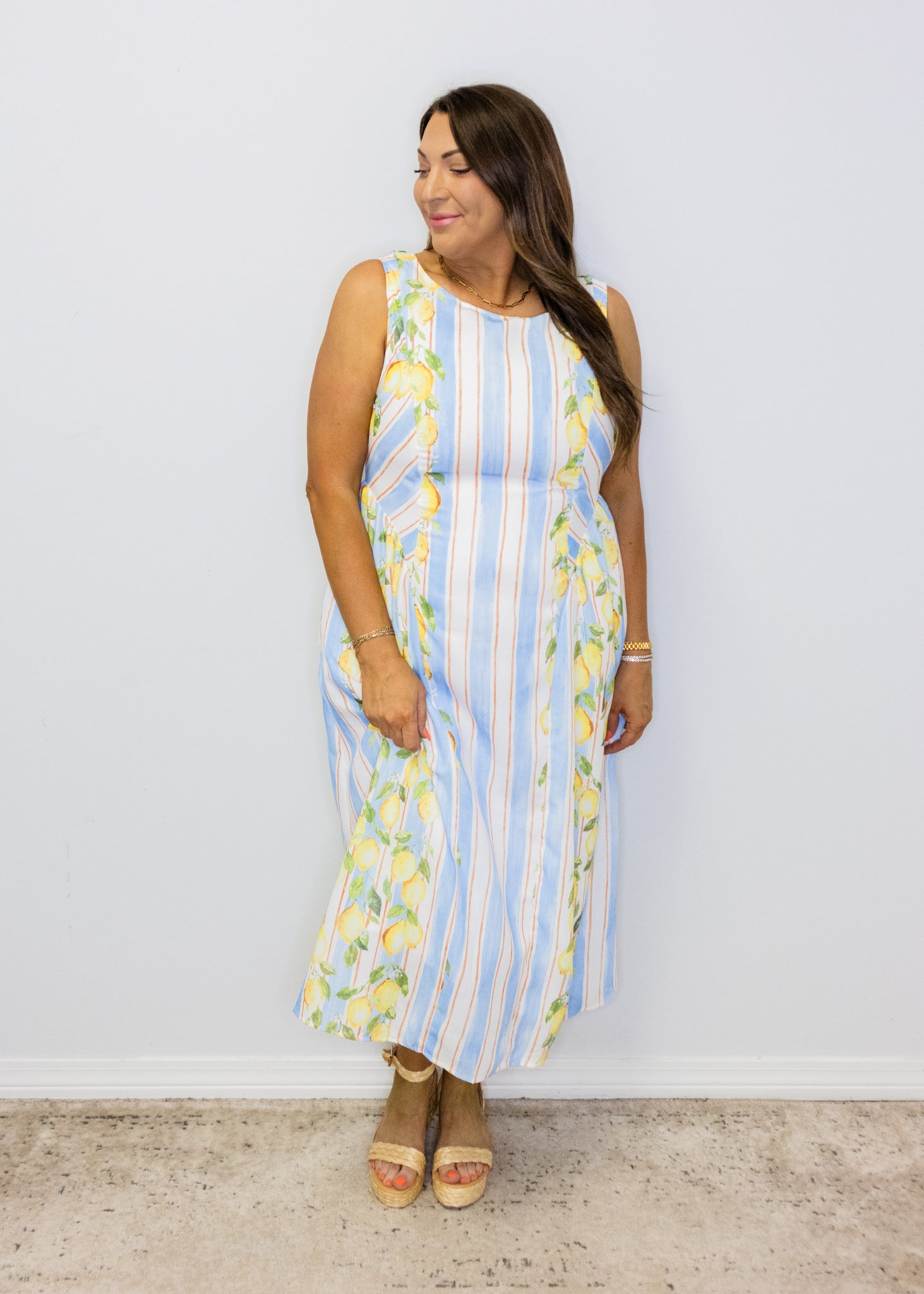 Lemon Print Striped Maxi Dress
