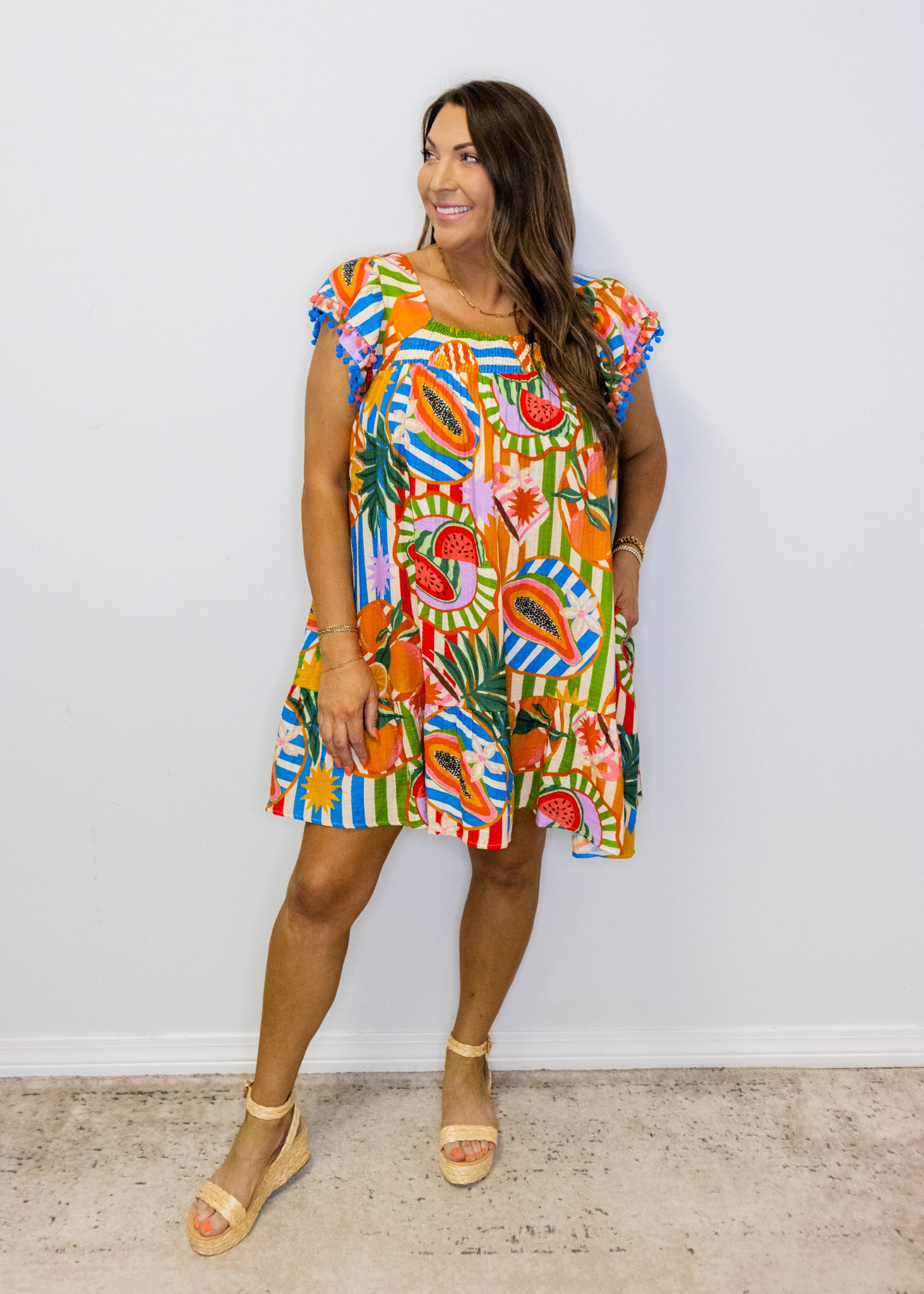 Tropical Print Pom Pom Dress