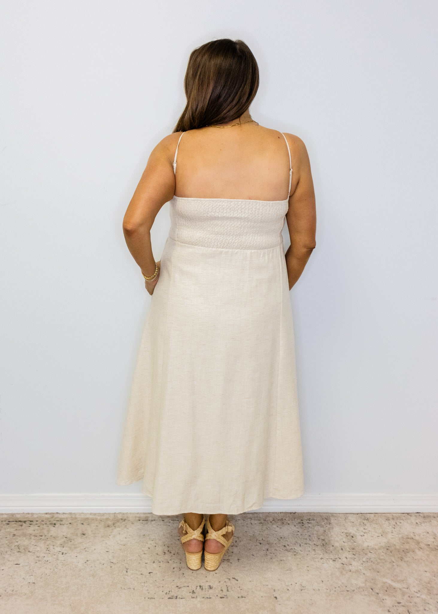 Beige Linen Smocked Midi Dress