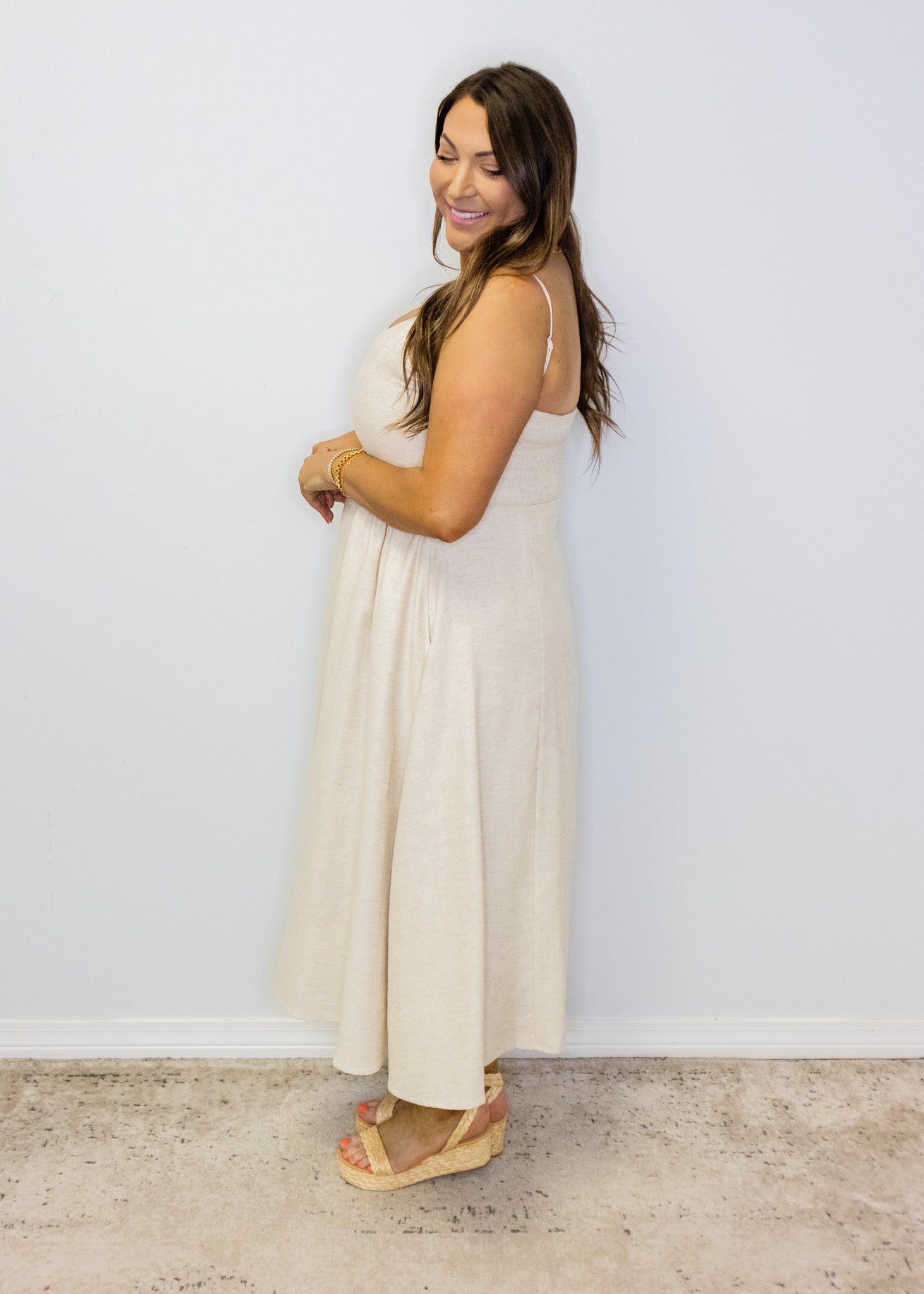 Beige Linen Smocked Midi Dress