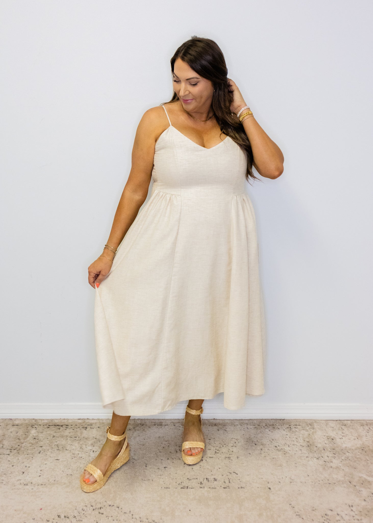Beige Linen Smocked Midi Dress