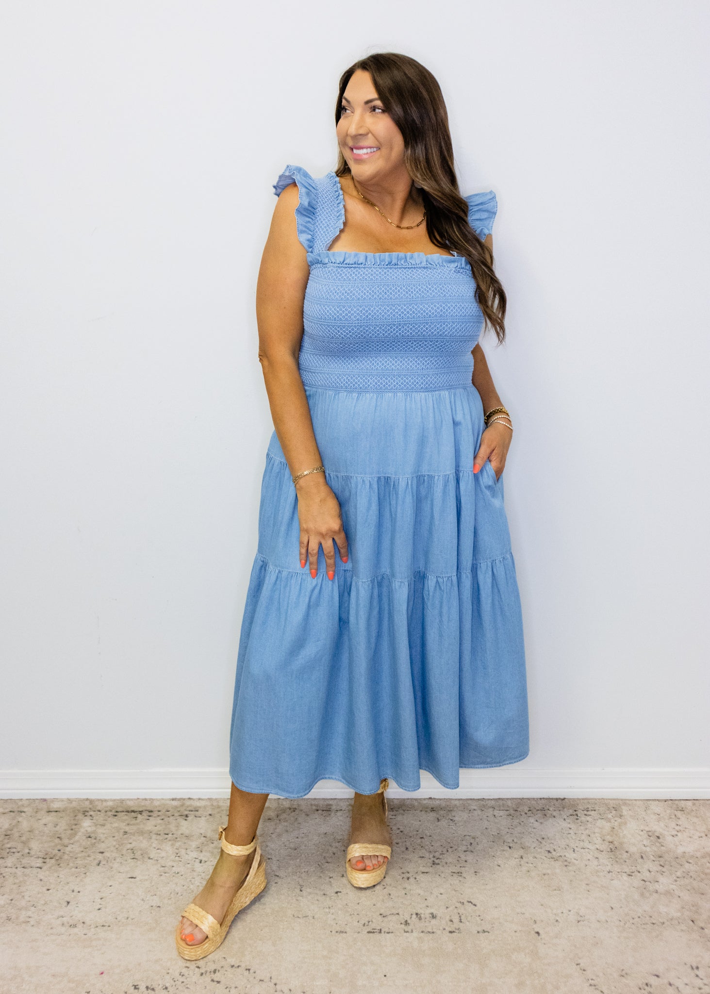 Denim Smocked Tiered Midi Dress