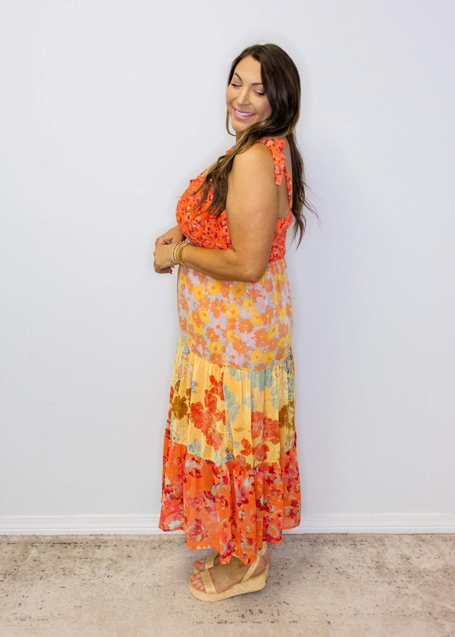 Red Multi Floral Print Smock Midi Dress