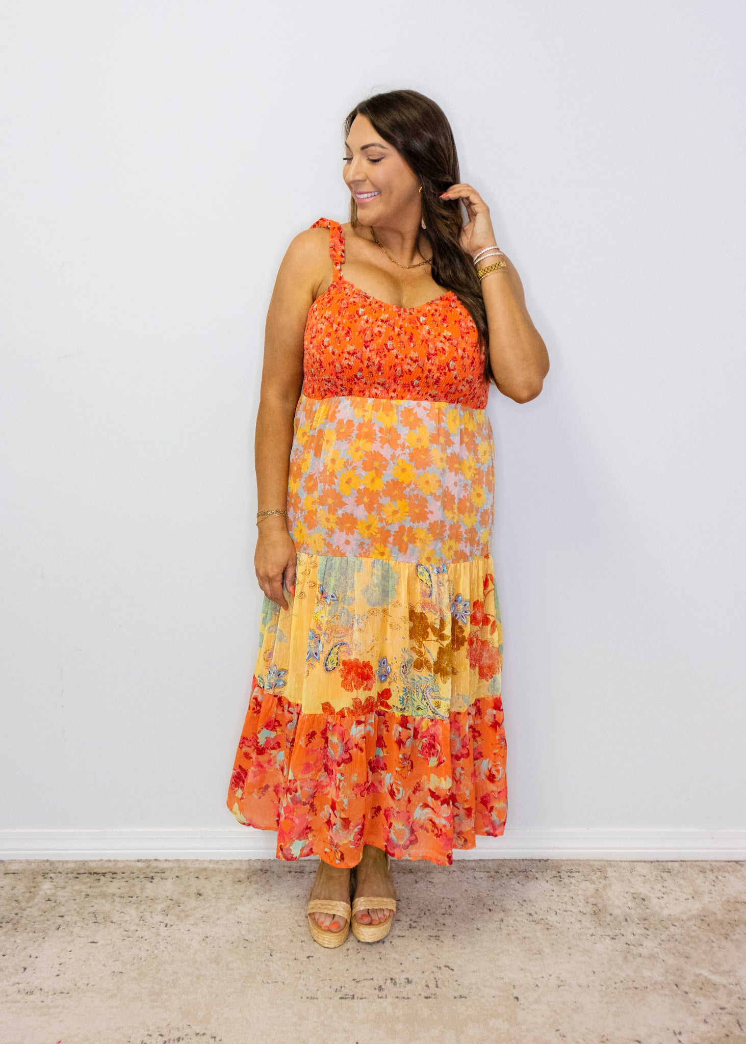 Red Multi Floral Print Smock Midi Dress