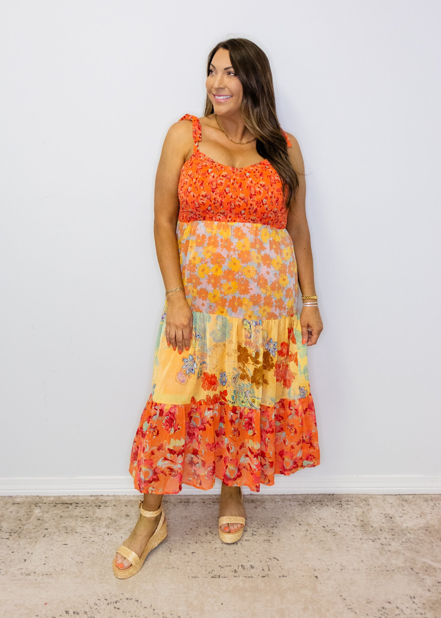 Red Multi Floral Print Smock Midi Dress