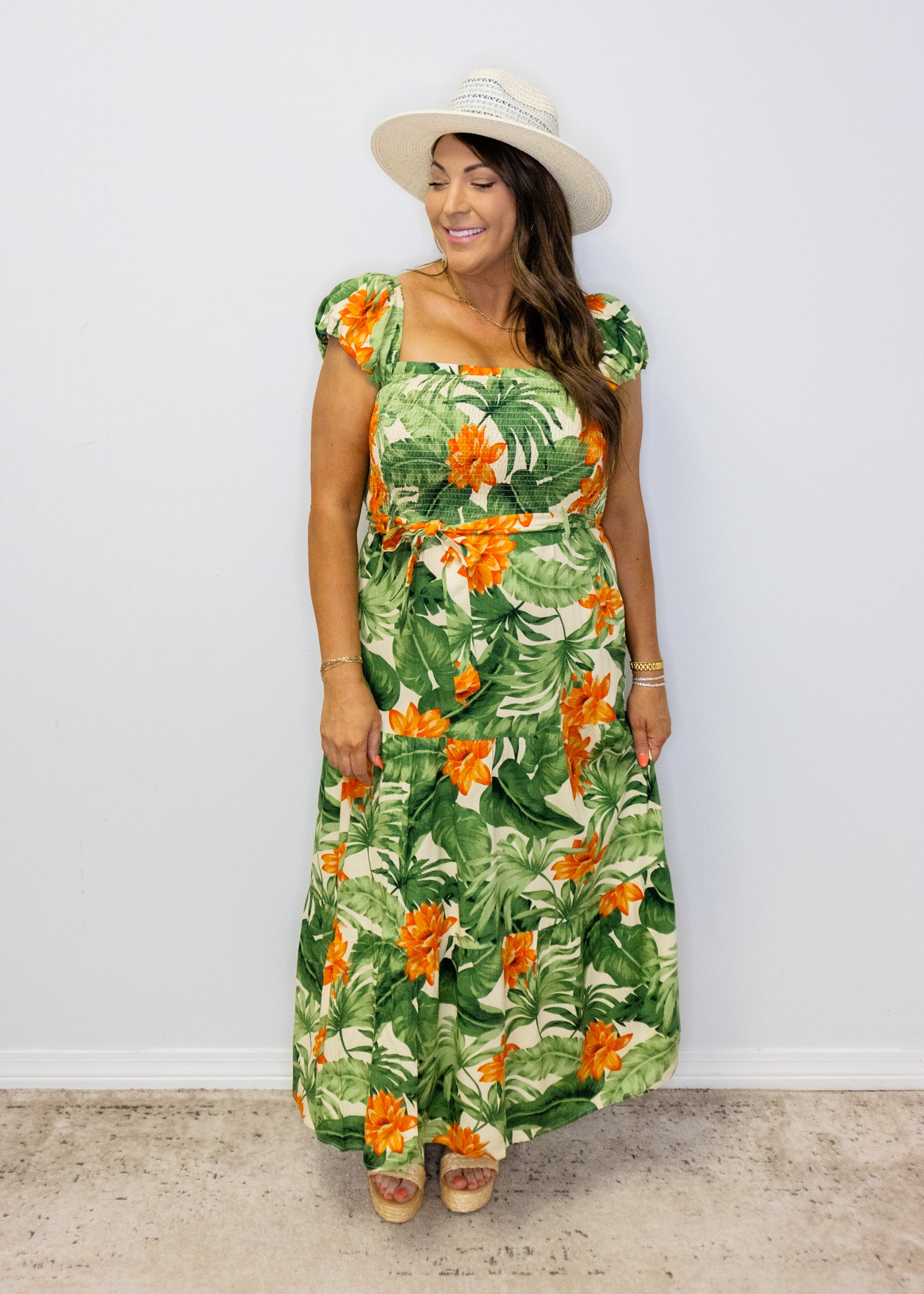 Green Tropical Print Midi Dress