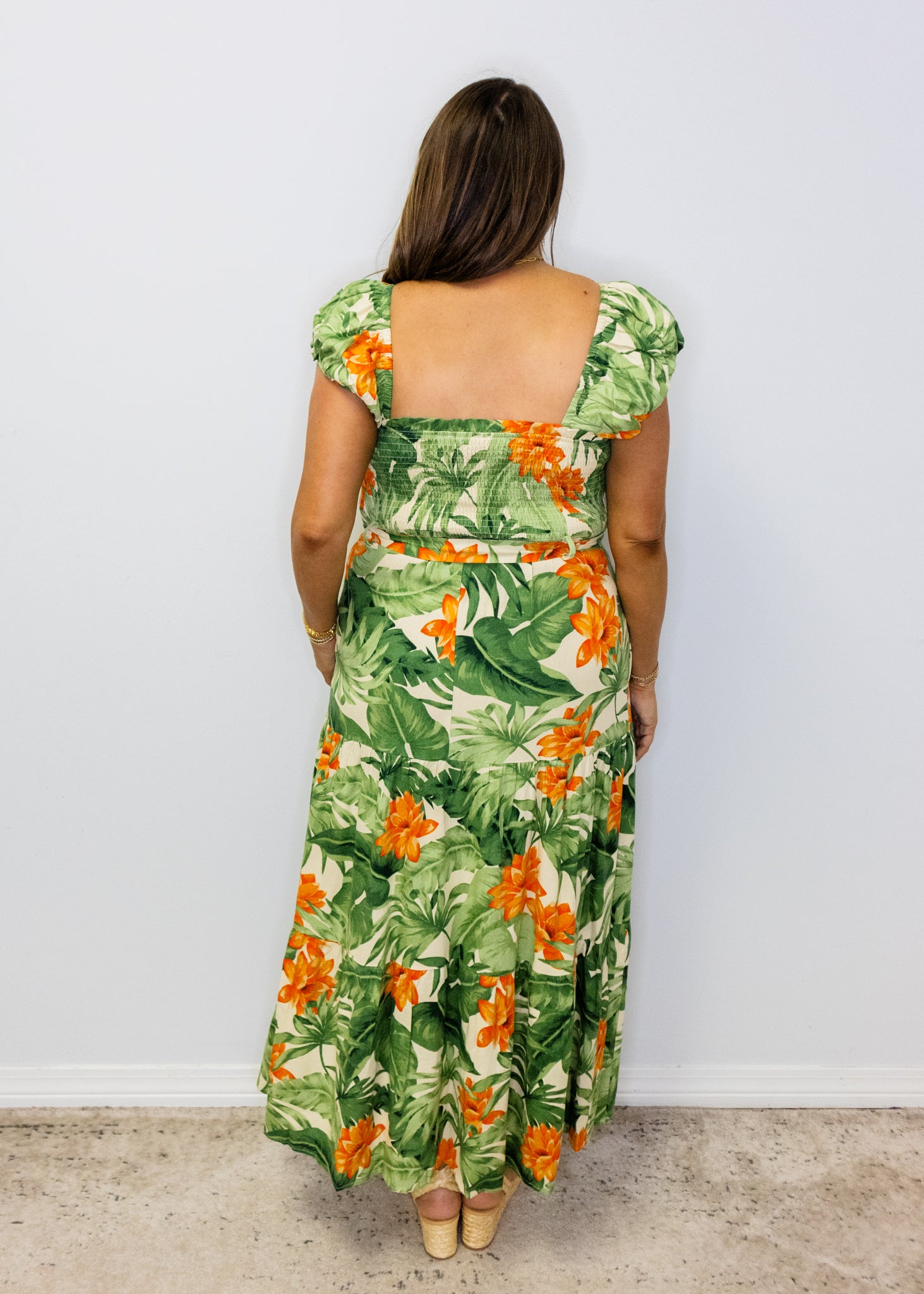 Green Tropical Print Midi Dress