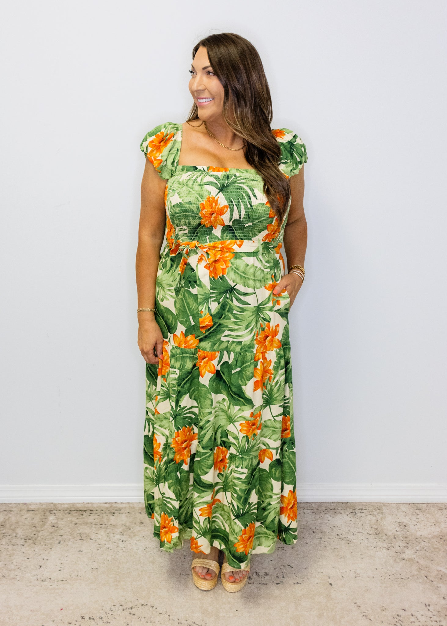 Green Tropical Print Midi Dress