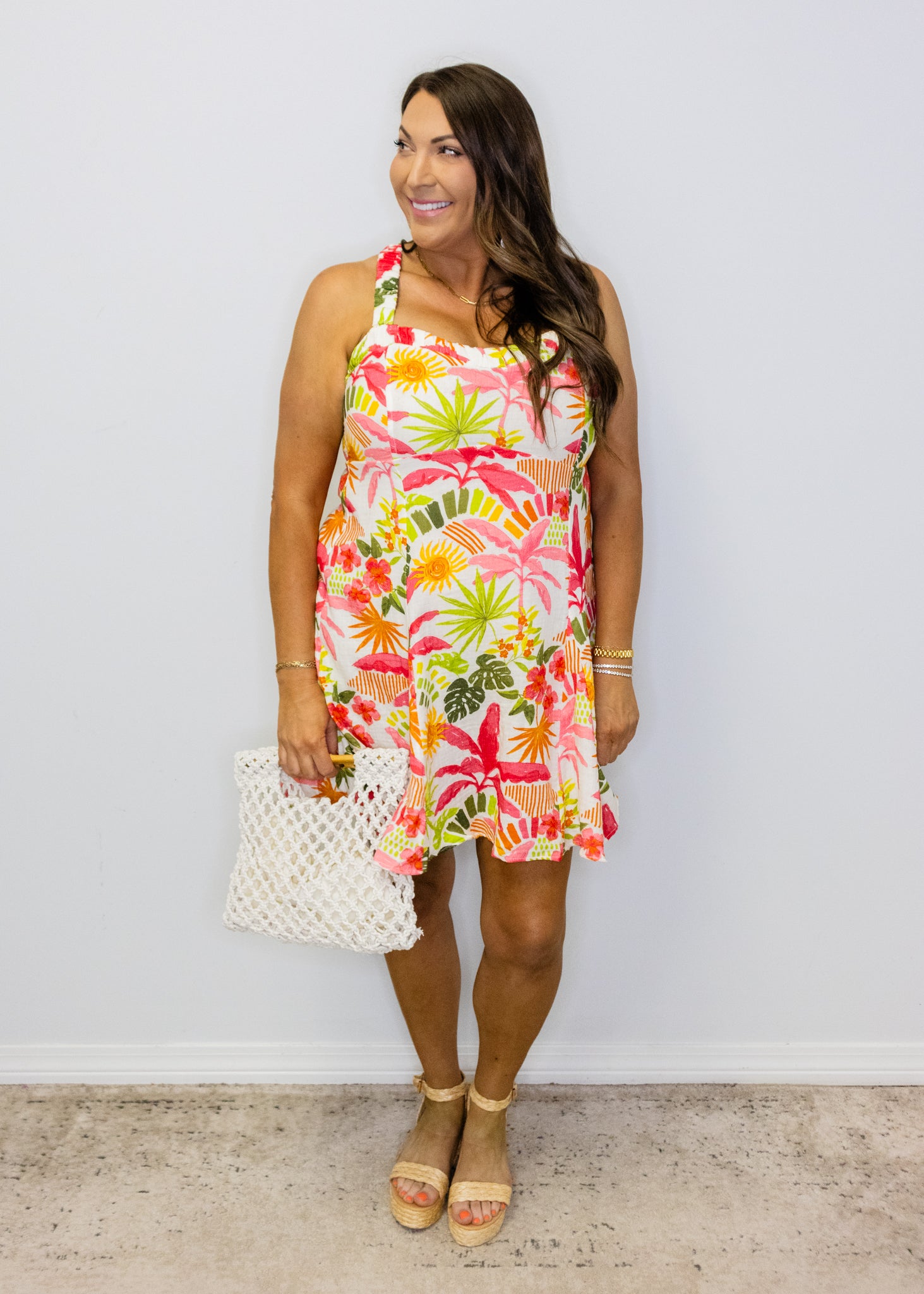 Pink Tropical Printed Double Gauze Mini Dress
