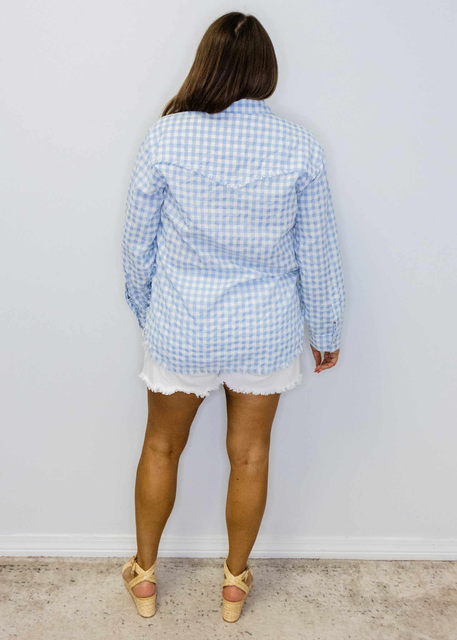Light Blue Gingham Button Down Top